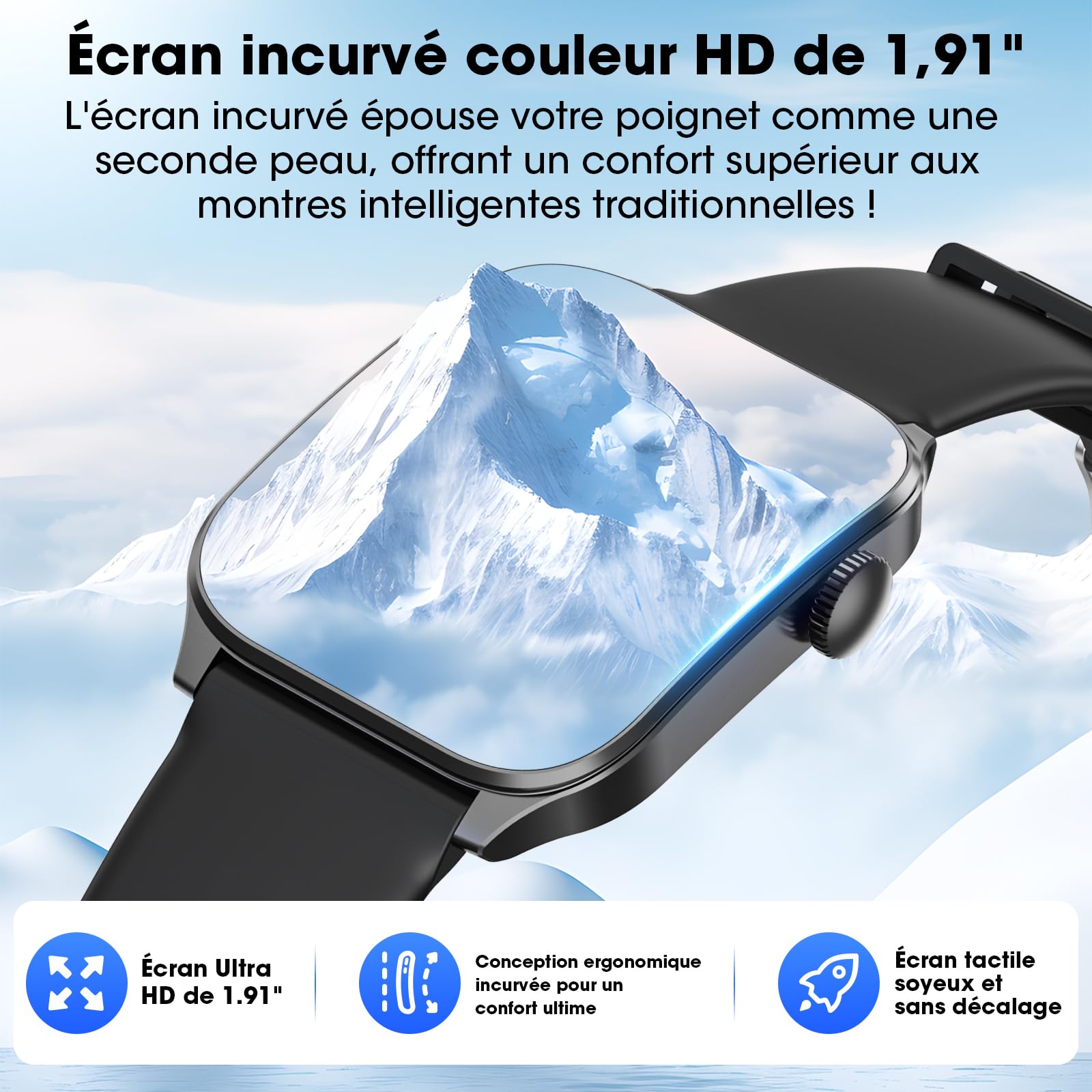 Smartwatch Uomo Donna, 1,91"Schermo Curvo HD Orologio, Chiamate Bluetooth, Sportwatch con 100+ Modalità Sportive, Cardiofrequenzimetro/Monitoraggio sonno/Contapassi, Impermeabile IP67 con Android IOS