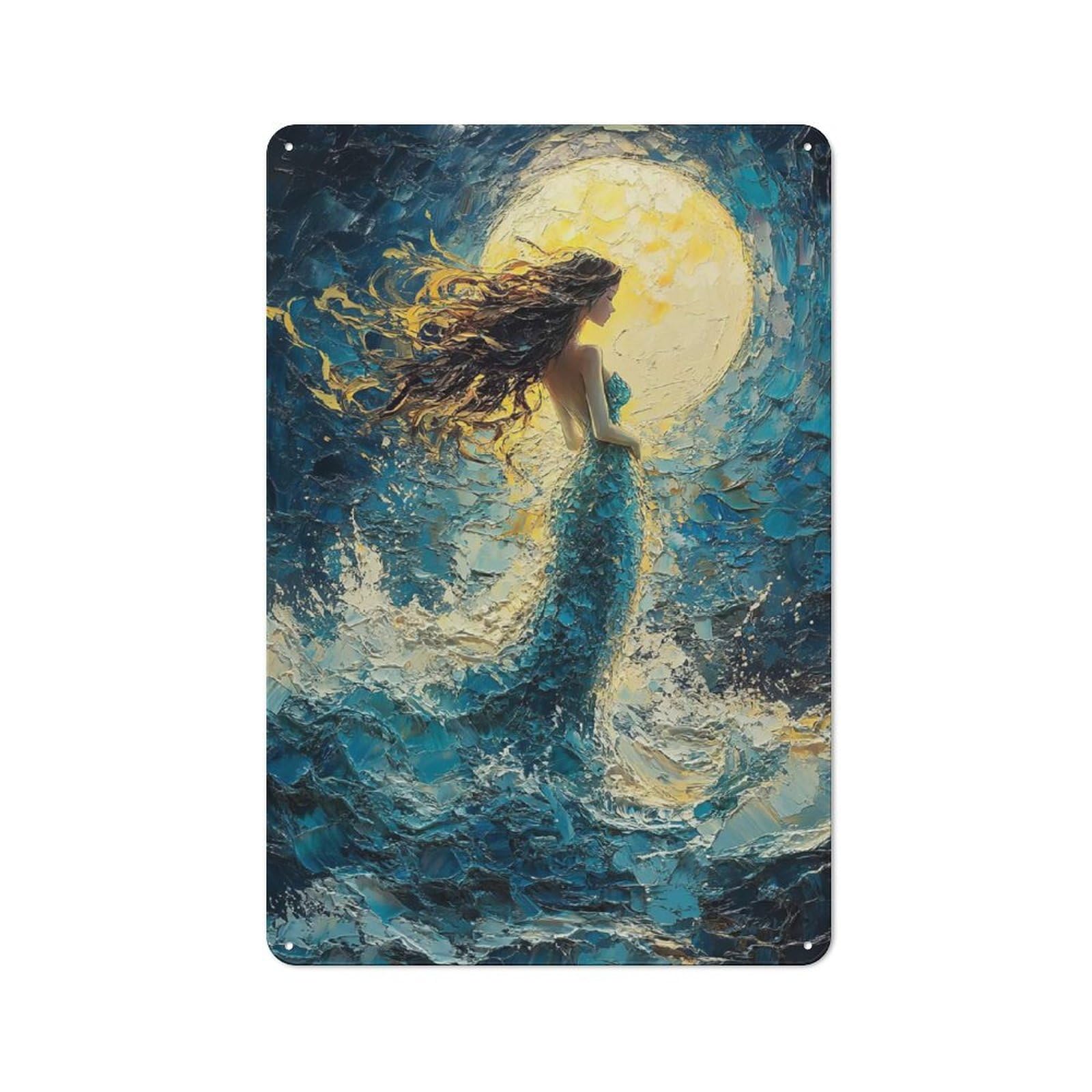 Junmoney Woman In Blue Dress Under Moon Rustic Tin Sign 30X20cm Featuring For Bar Or Restaurant, A Housewarming Gift For Bar Decor Enthusiasts