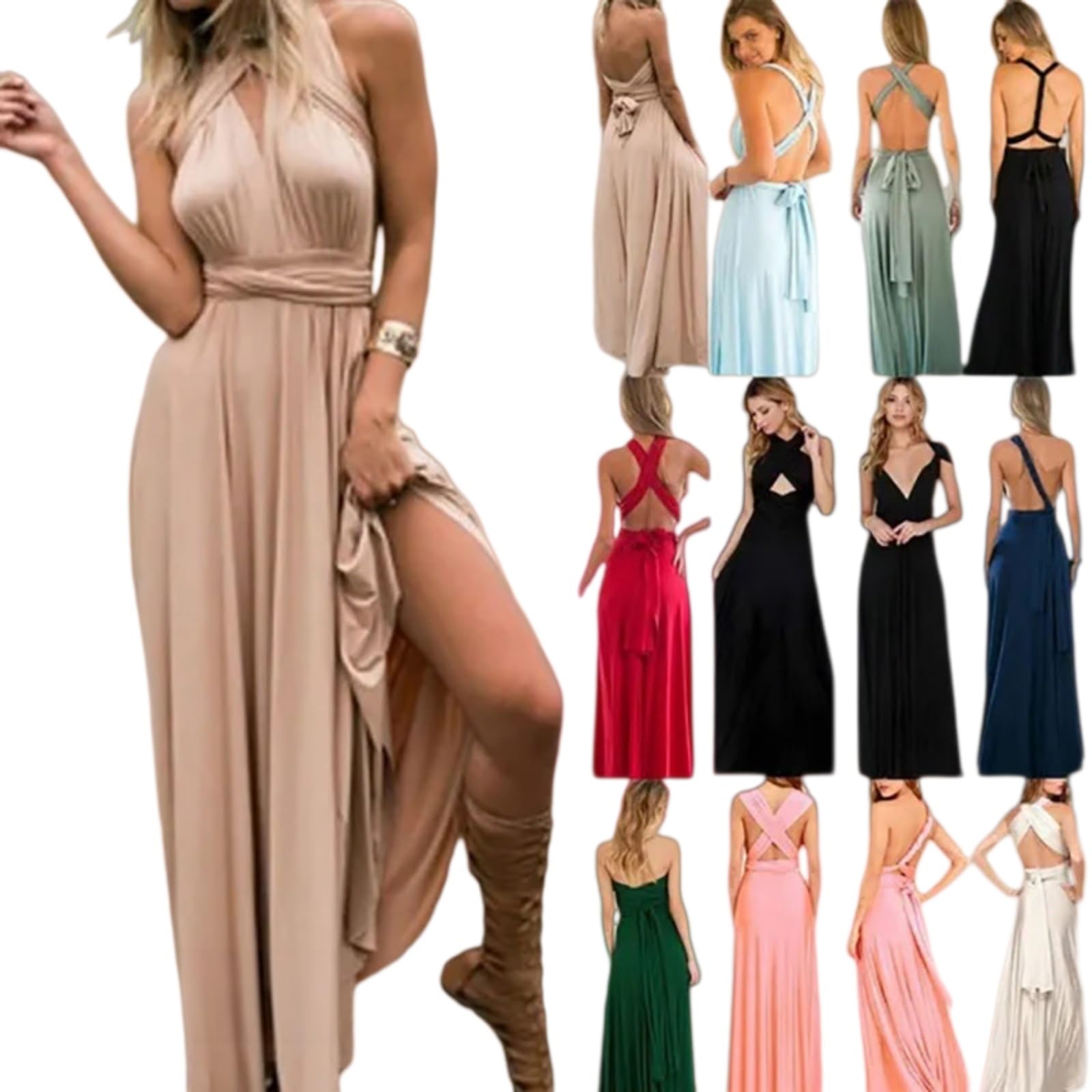 Vestito Donna Multiway Maxi Abito V Collo Strappy Lungo Elegante Festa Estiva Vacanze Outfit-White-XXL