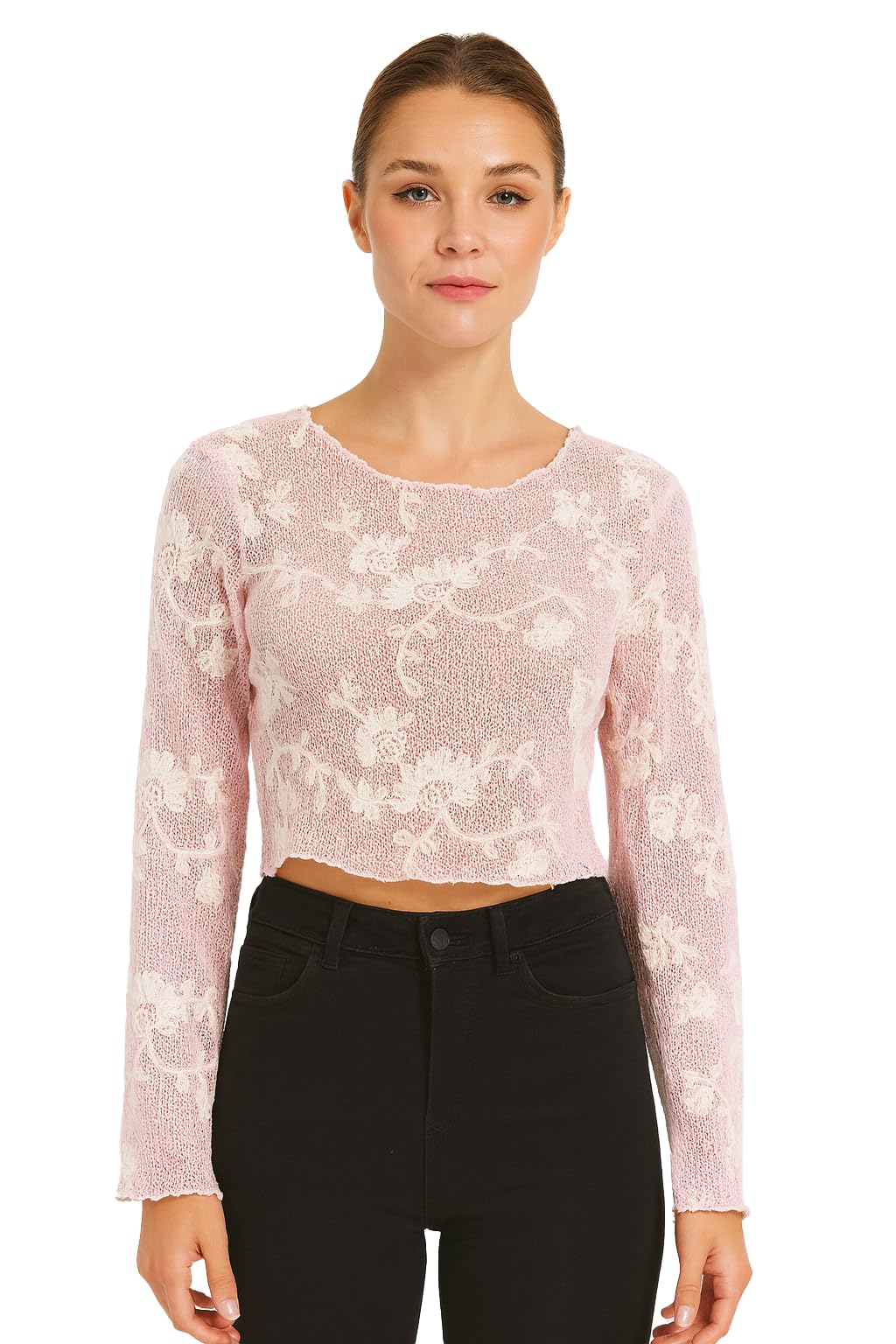 icw Women Long-Sleeves Boat Neck Transparent Mesh Sheer Floral Embroidery Crop Top T-Shirt DN648-picture-12