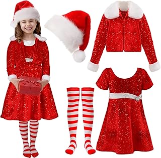 Panitay 4 Pcs Girls Christmas Costume Red Santa Claus Outfit Hat Jacket Dress Tights for Little Girls Kids Holiday Cosplay (Small)