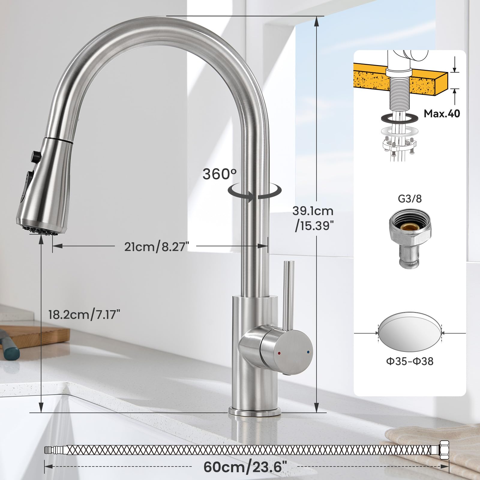 CECIPA Wasserhahn Küche, Hochdruck Küchenarmatur mit ausziehbar Brause, Armatur Küche mit zwei Sprühfunktionen, 360° schwenkbarer, Spültischarmatur mit einfacher Montage, Edelstahl Gebürstet | Mit 3 Wasserstrahlarten, ausziehbarer Brause, 360 Grad schwenk