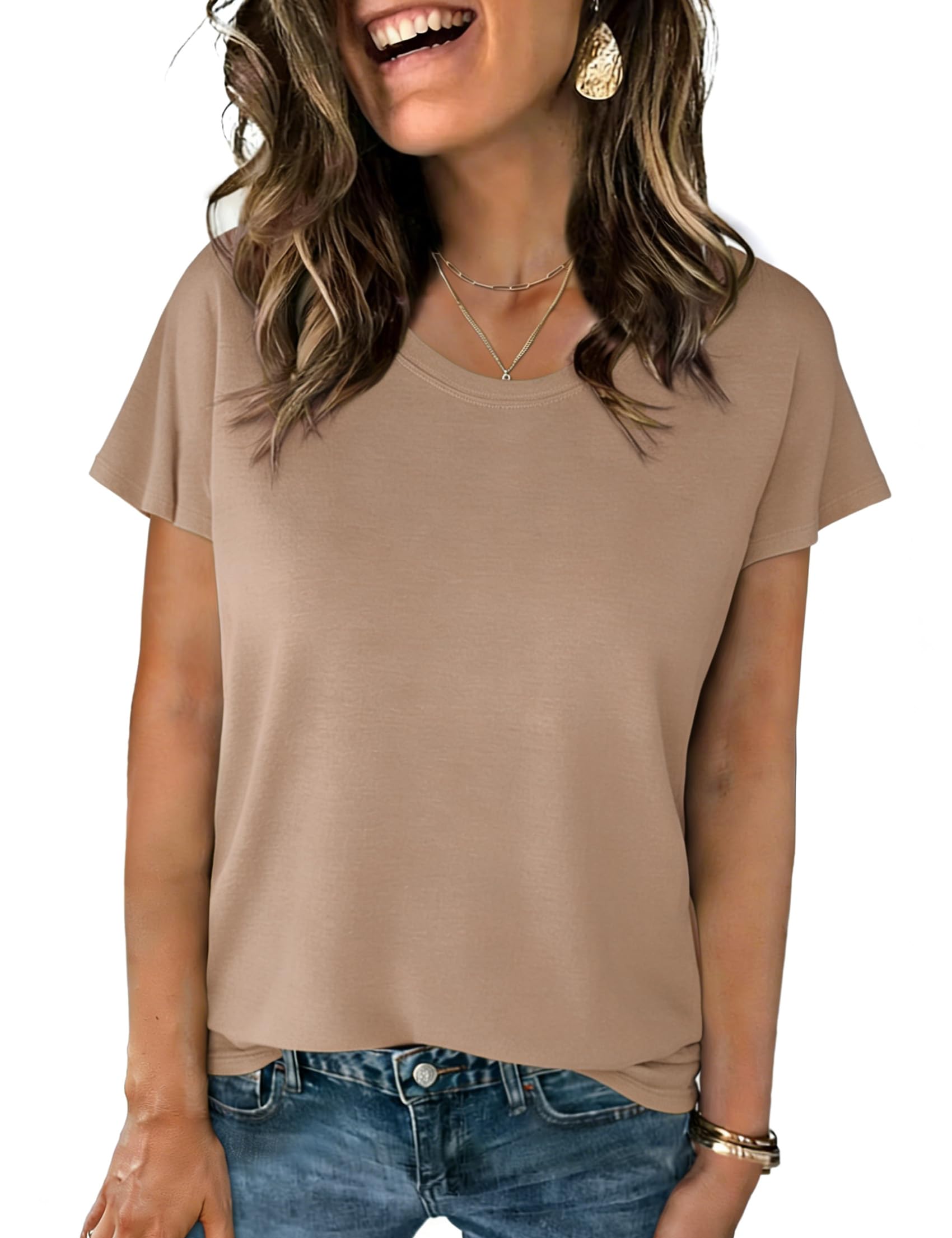 Crewhpo T-Shirt Sommer Basic Bluse Baumwolle Shirt mit Rundhalsausschnitt Oberteile Einfarbige Casual Tops Kurzarm Tee Shirts Lockeres Elegant Khaki