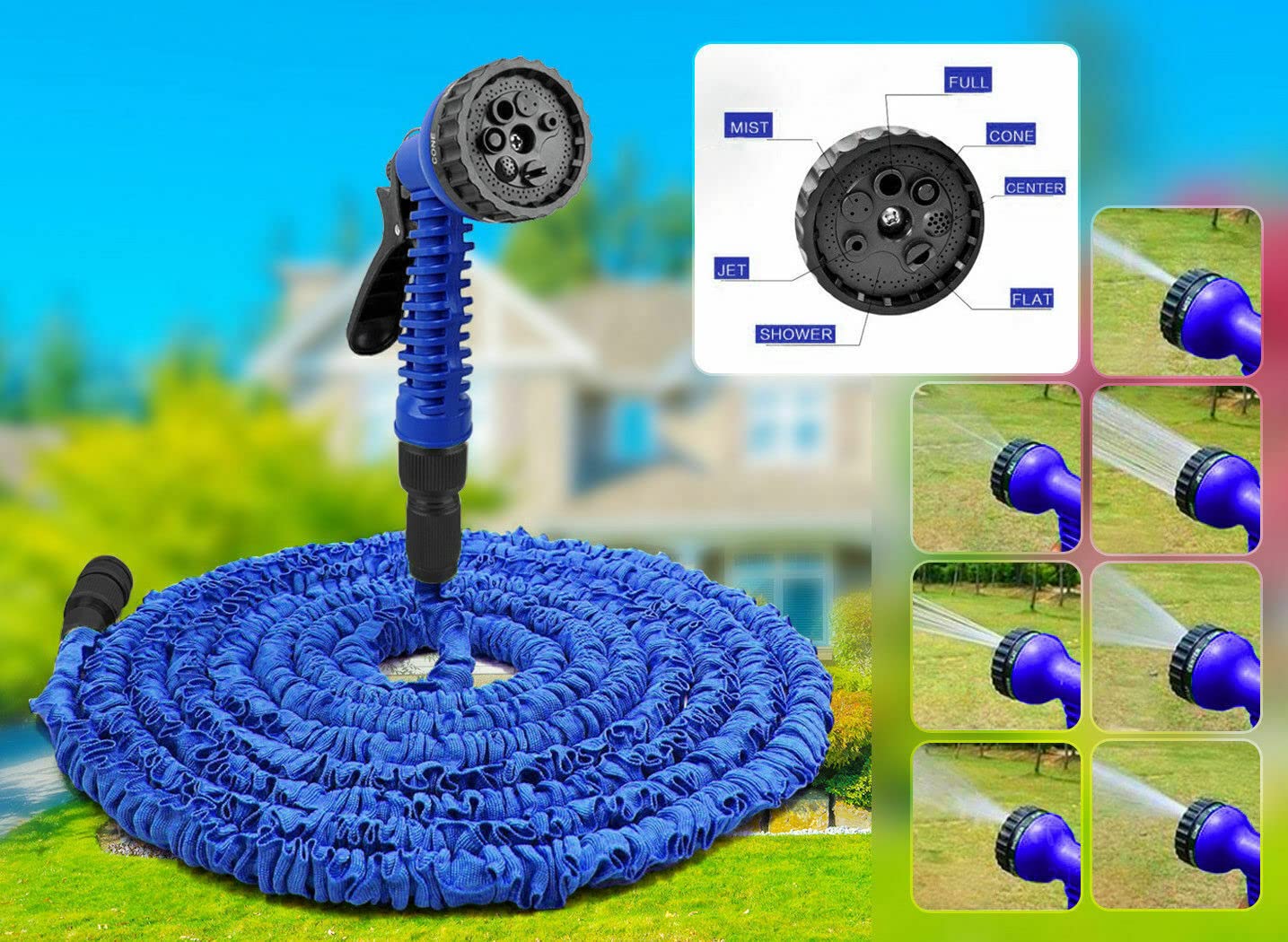 Lizzie Jacobs Blue 50Ft And 100Ft Garden Hose Pipe Ez Expandable Garden Water Hose Pipe With Nozzle And 8 Function Spray Gun Fitting Anti-Leakage Kink Free Flexible Lightweight Extra Strength Garden Hose (, 100Ft)