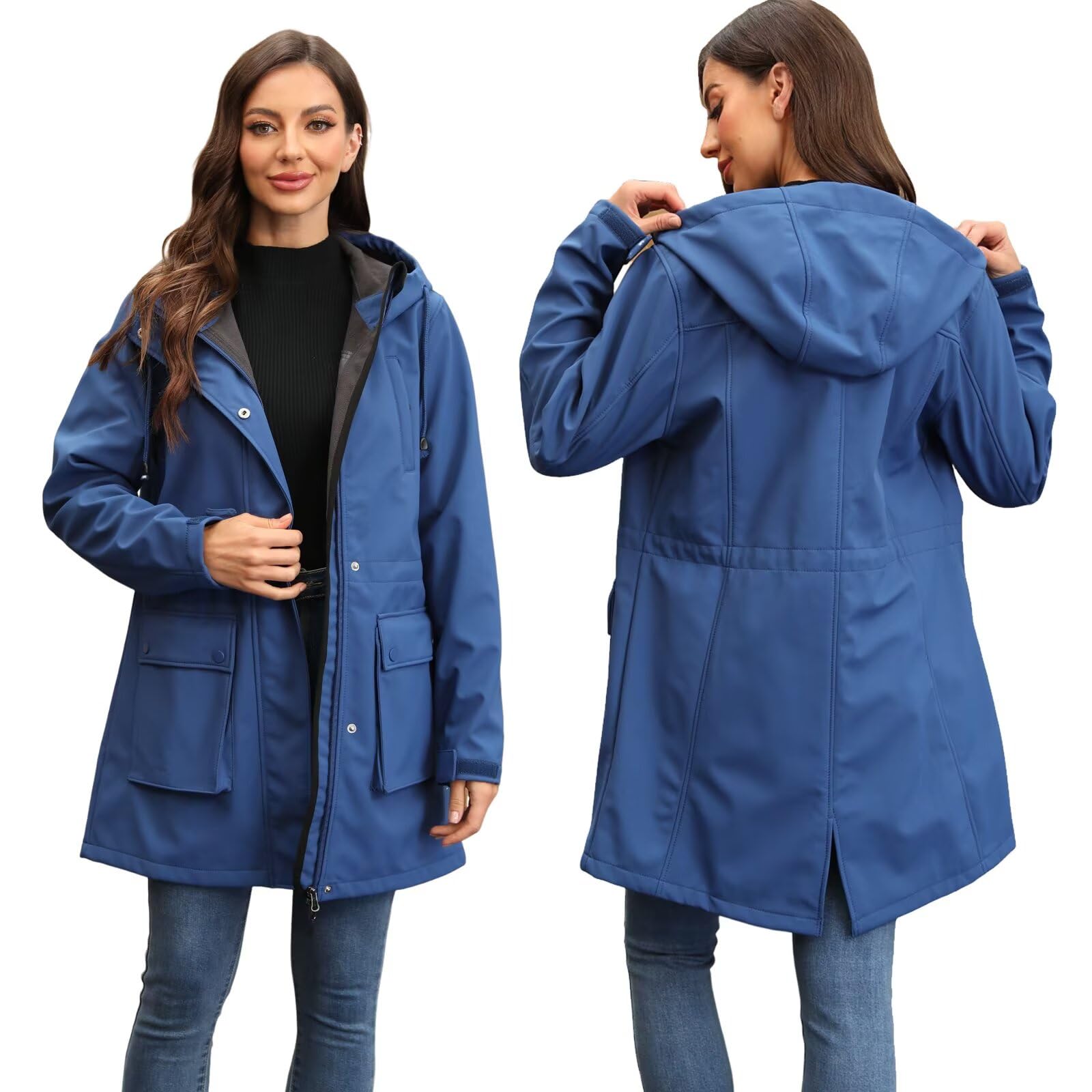 Chiguo Chaqueta impermeable ligera de invierno para mujer, abrigo cálido con forro polar, chaqueta larga de softshell