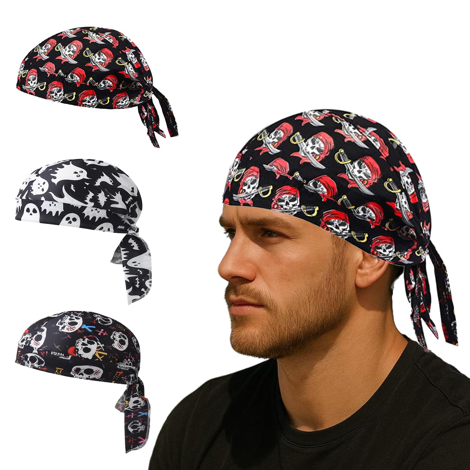 Durags for Men Skull Caps for Men Sweat Caps Cycling Cap Pirate Bandana with Breathable Durags for Halloween
