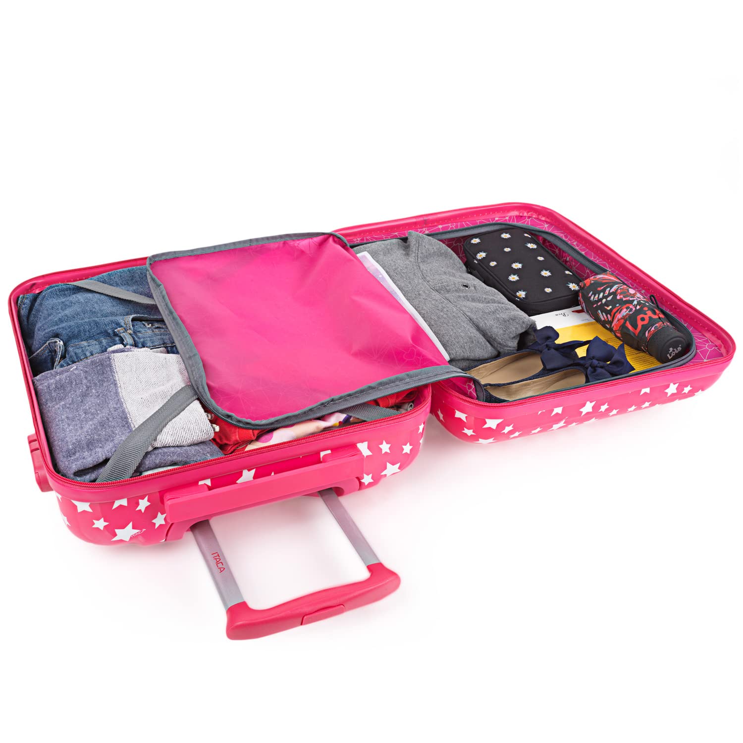 ITACA - Valise Cabine Enfant - Valise Enfant Fille - Valise Fille Garçon Rigide 4 roulettes - Bagage Cabine - Valise Enfants Résistant - Bagages Enfant Ultra Légère - Cadenas à Combinaison, Fuchsia