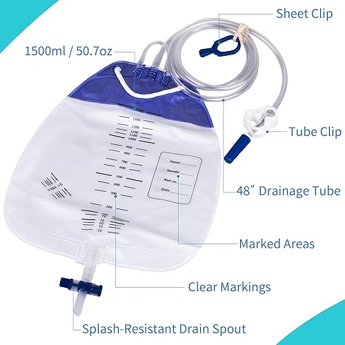 Miniatura 2 de Paquete de 10 bolsas de drenaje urinario con cámara antirreflujo, bolsas de orina de 50.7 fl oz con drenaje de tubo de 48 pulgadas, clips y gancho