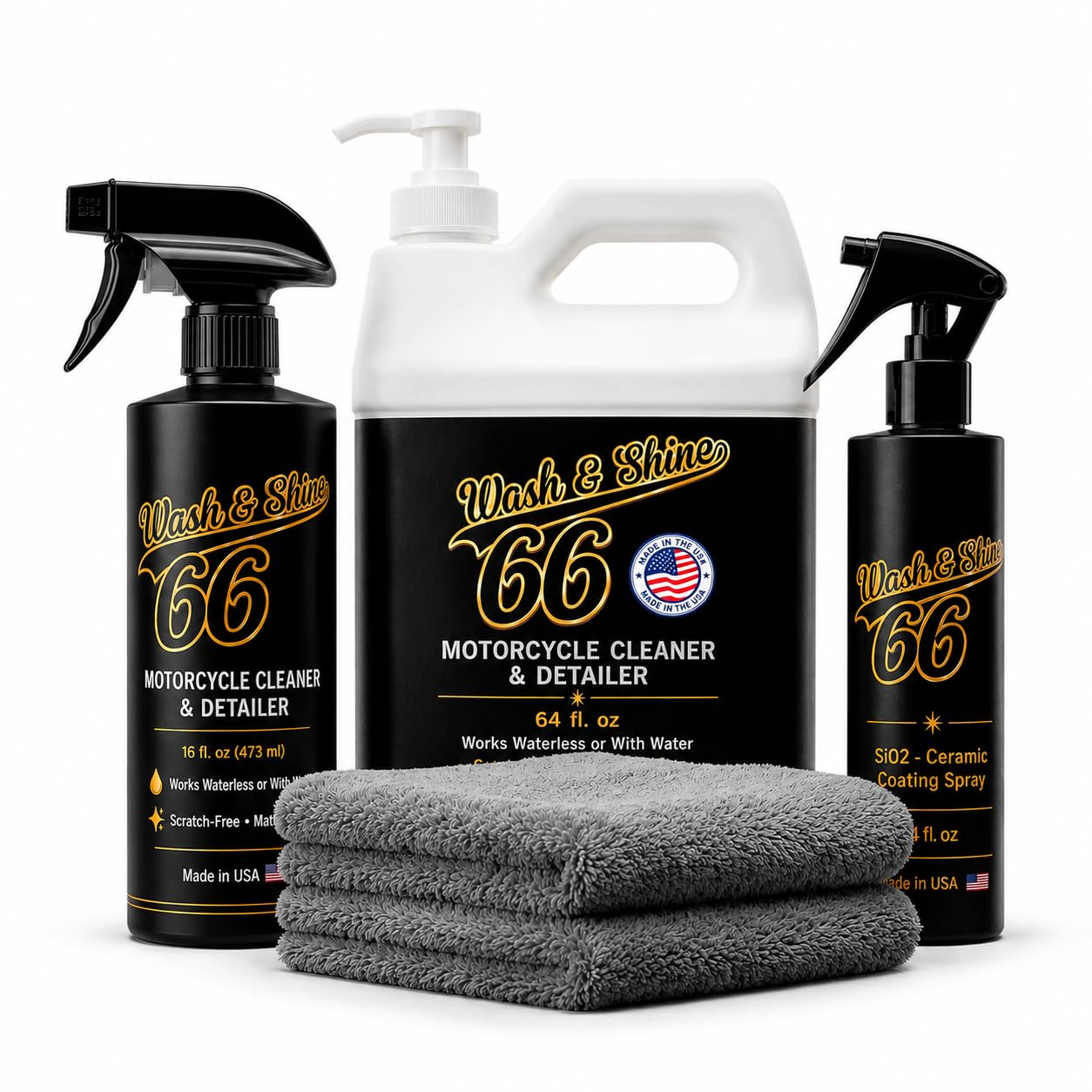 Wash&amp;Shine 66™ Pro System Motorcycle &amp; Car Cleaning Kit - Waterless or Wet Wash for Bikes, Cars &amp; RVs,16 oz Cleaner + 64 oz Refill Jug, NanoGloss Shield SiO₂ Ceramic Spray, 2 Microfiber Towels.