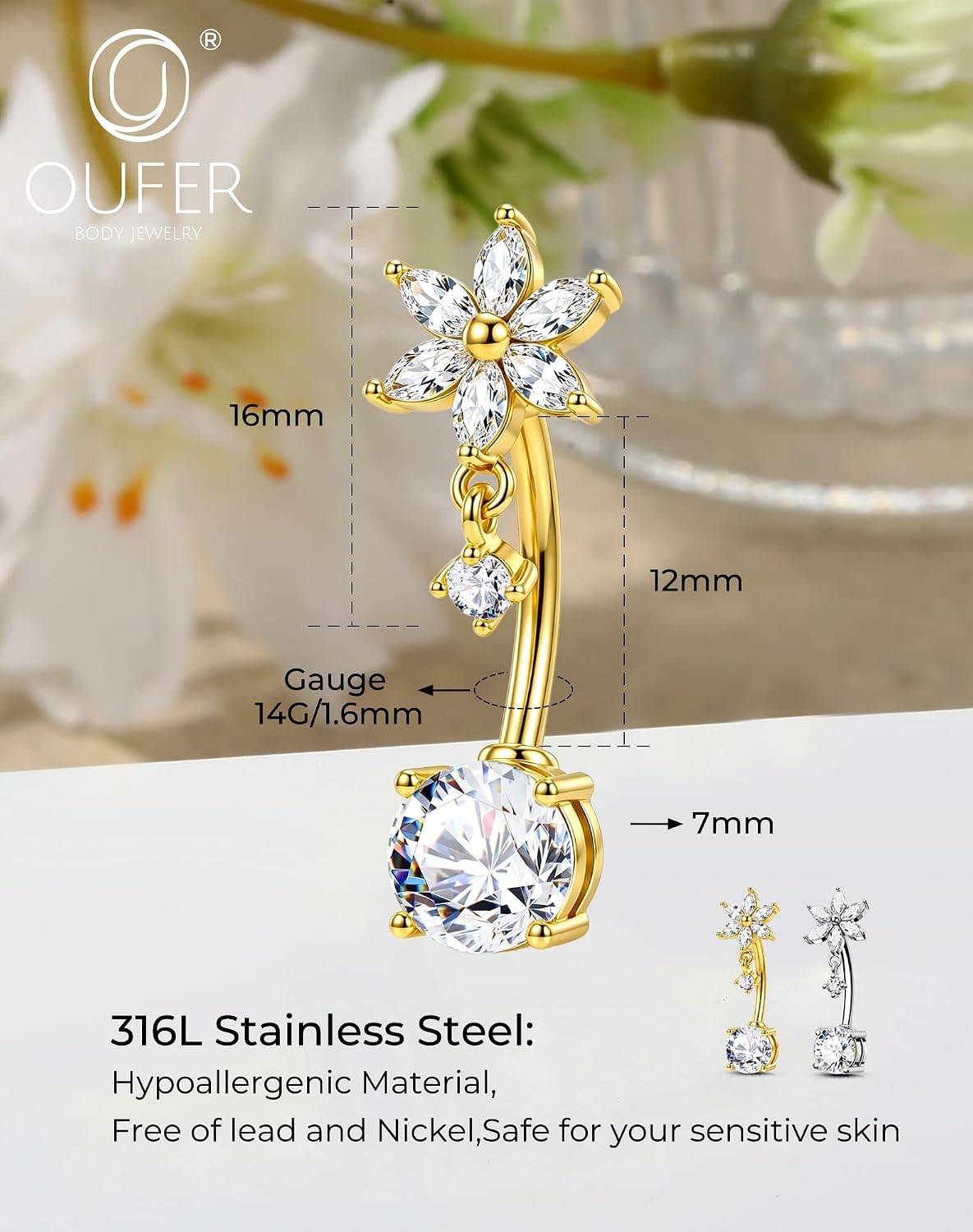 OUFER 14g Dangle Belly Button Rings, Sparkling Cubic Zircon Navel Rings
