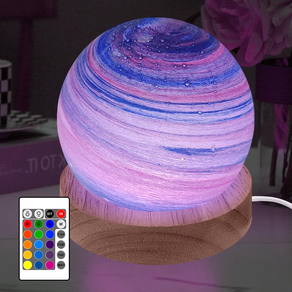 Mood Lights LED Lamp Table Lamps 3D Planet Glass Ball Night Lights with Remote Control 16 RGB Colors Astronomy Galaxy Lamp Dimmable Wooden Base Bedside Lamp, Home Decor, 8 CM (B)