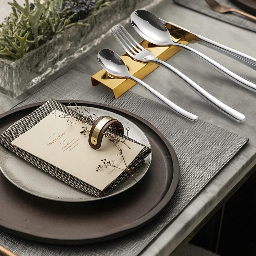 Soportes para cubiertos para palillos, cuchara, cuchillo, cucharitas, tenedor de ensalada, vajilla de acero inoxidable, soporte para 6 piezas, juego para cena (dorado, 14.5X4.5X1.5CM)