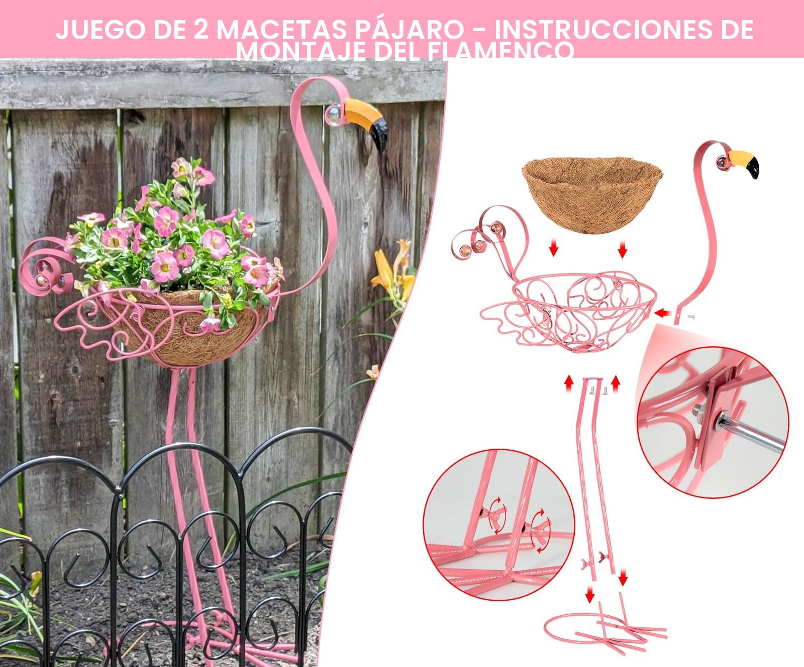 Lote de 2 macetas de flores de metal - Flamenco rosa - Con cesta - Para interior y exterior - Para jardín, patio, terraza, porche