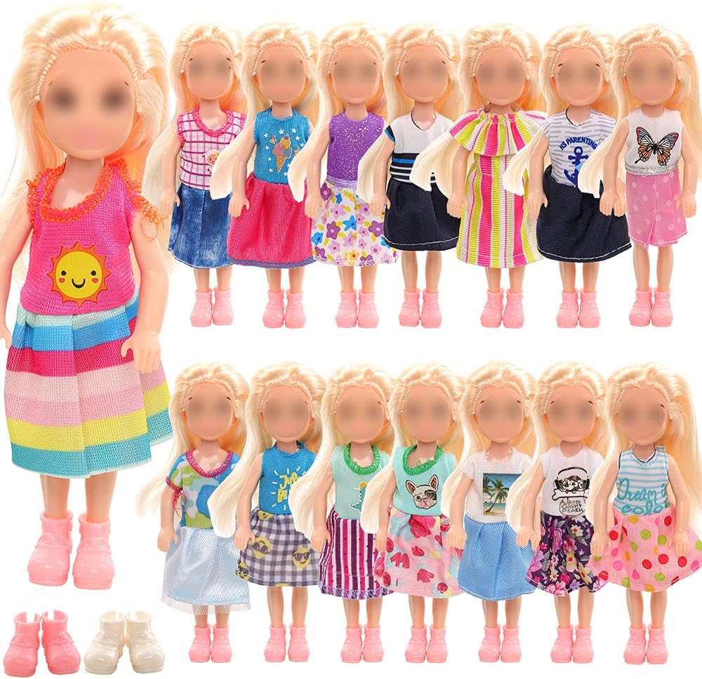 Miunana 12 pcs Girl Doll Clothes Dress Outfits and Shoes for Chelsea 11.5 Inch Girl's Sister 6" Doll Clothing with 2 Pairs of Shoes for 4-6 Inch Chelsea Girl Dolls Clothes and Accessories