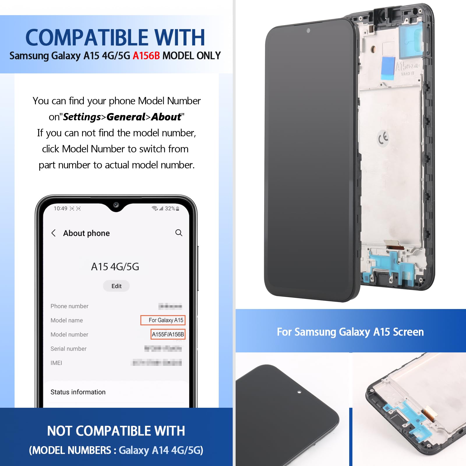 Schermo LCD per Samsung Galaxy A15 4G A155F Digitalizzatore Touch Screen LCD per Samsung A15 5G A156B LCD Display con Kits Parti