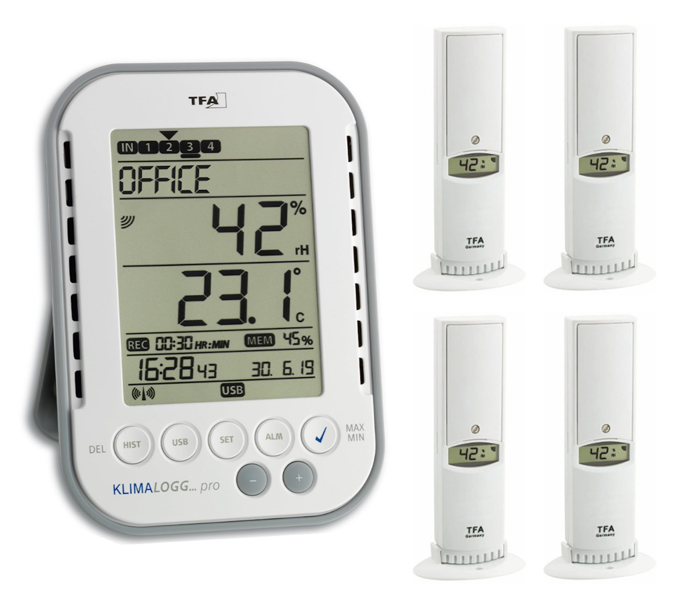 TFA Dostmann Kirchenorgel-Überwachungsset Klimalogg Pro Plus 30.3039.Plus Weiss incl. 4 Stück Temperatur Luftfeuchtesender 30.3180