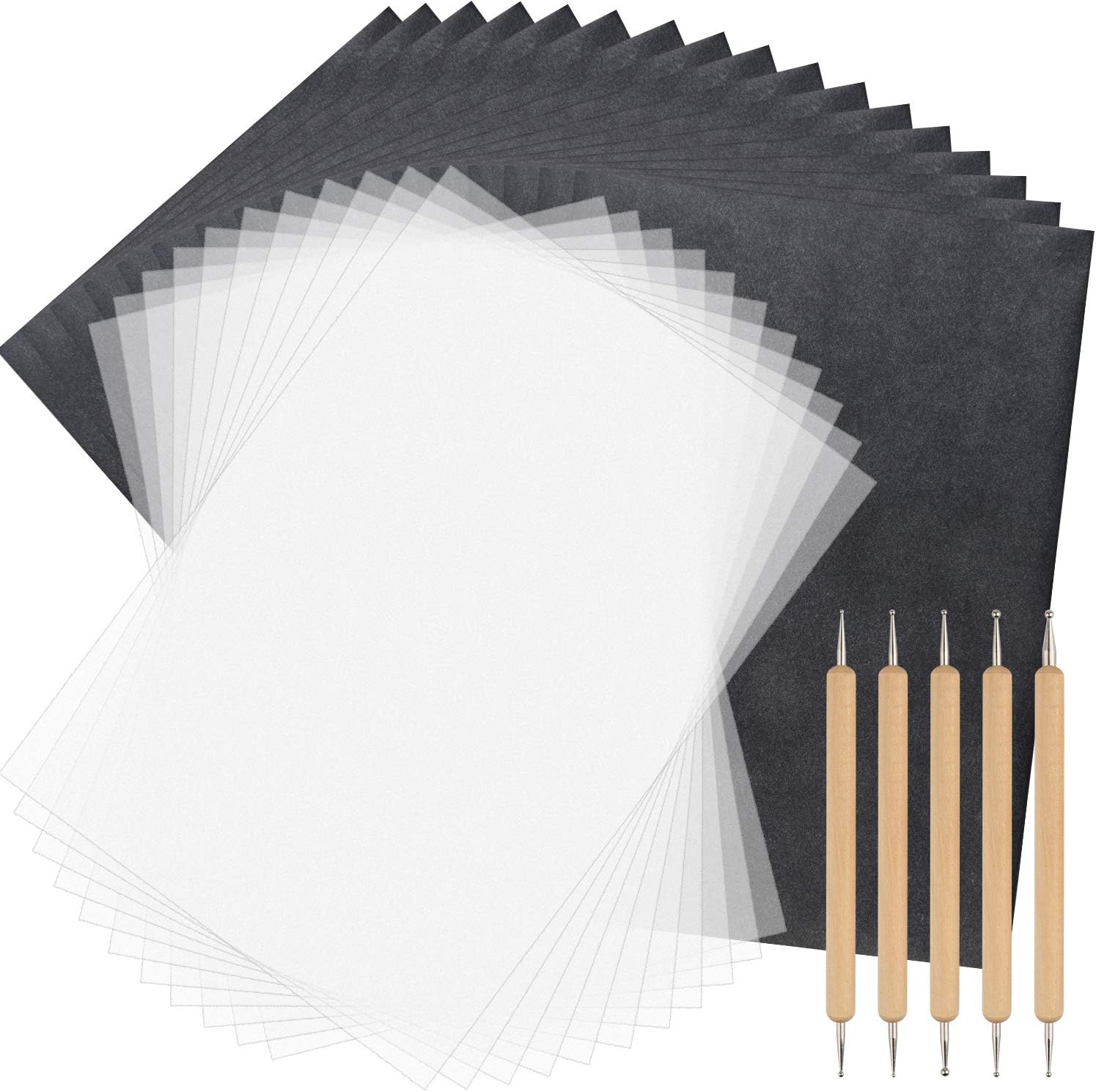 TUPARKA 150 Sheets Carbon Paper and Tracing Paper with 5 Pieces Embossing Pens, Stylus Tools, Black Carbon Transfer Paper for Wood Tracing
