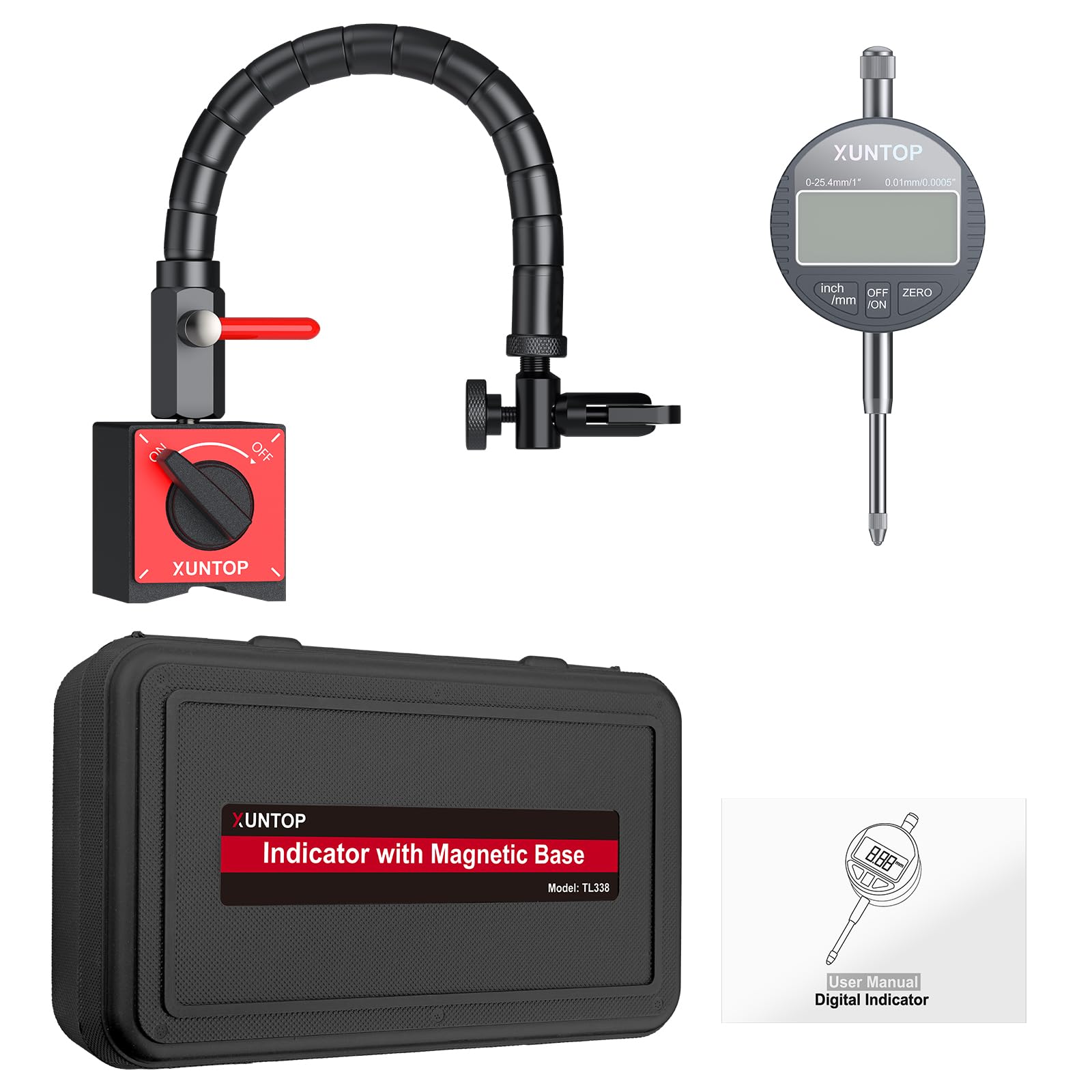 XUNTOP Digital Messuhr Präzisions Messuhr Flexibler Arm mit Magnetfuß Hochpräzisionsmessuhr 176lbs 0-1 Inch/25.4 mm für Industrieanwendungen