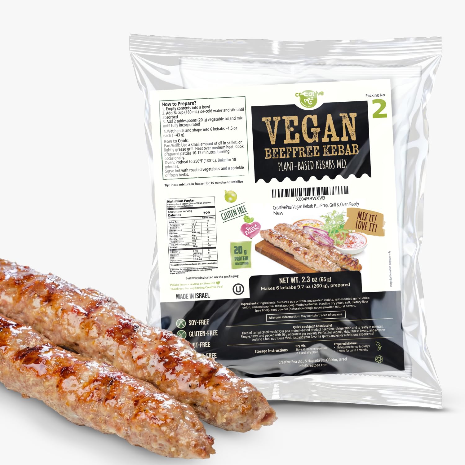 Creative Pea Beeffree Kebab Mix 4-Pack | Plant-Based Skewers | High-Protein Shelf-Stable Pea Protein | Just Add Water & Oil | Quick Vegan Meal Kit | Gluten-Free | 4 x 65g