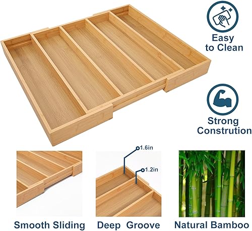 Miniatura 5 de Organizador de cajones de cocina expandible, organizador de cubiertos de bambú, bandeja de cubiertos ajustable para utensilios (16.92 x 13.30 22.83