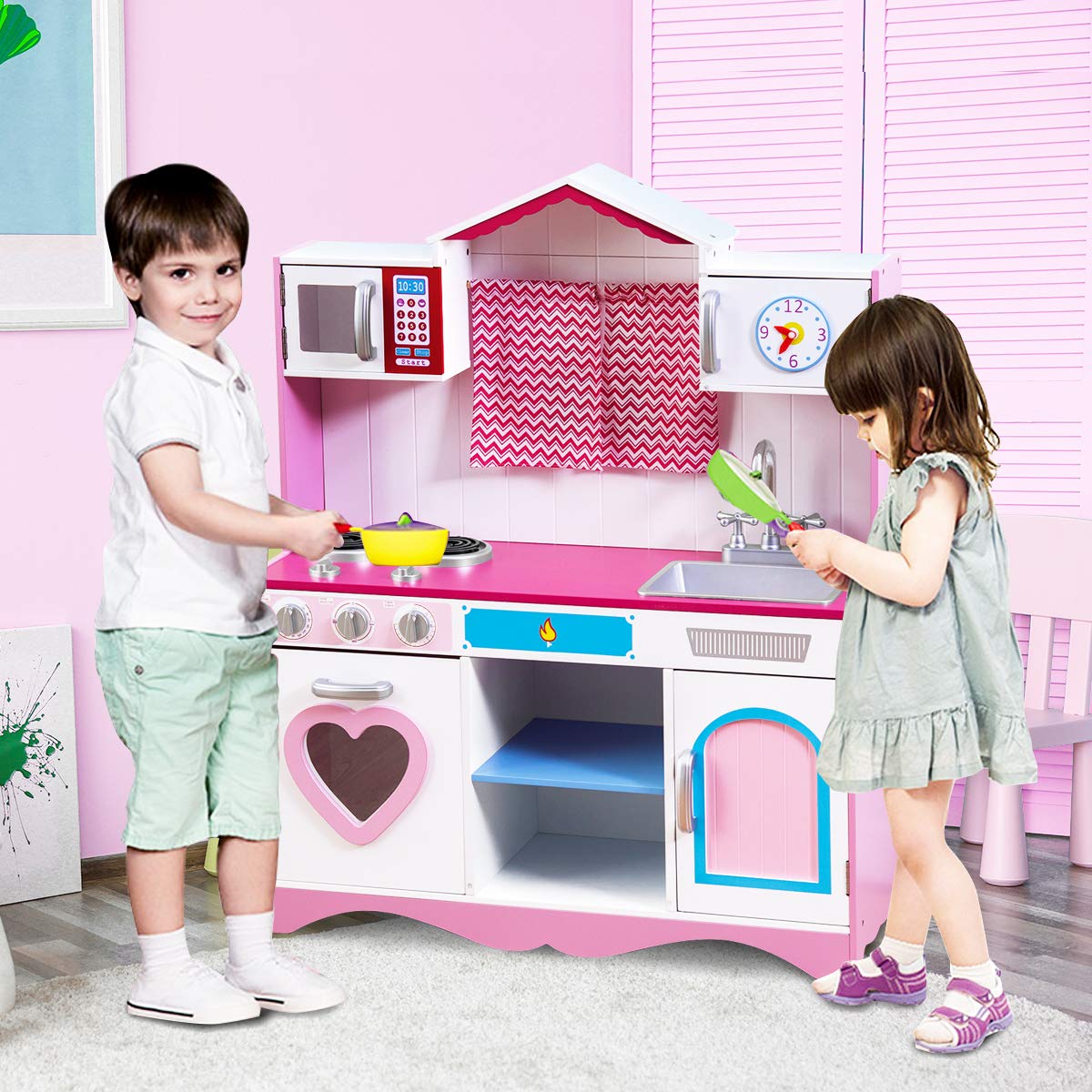 COSTWAY Cucina Giocattolo per Bambini in Legno, Cucina per Bambini con Forno, Microonde, Stufa a Gas, Lavello e Rubinetto, per 3 Anni+