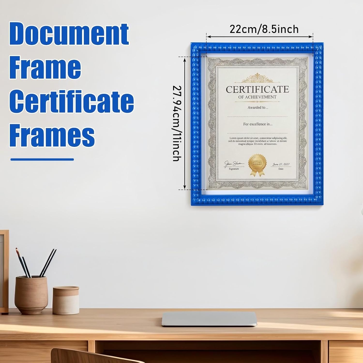 11x14 Beaded Diploma Frame with 8.5x11 Certificate Opening, Graduation Degree Document Frame Solid Wood with Wall Hangers, Self-standing for Wall Display Tabletop(Blue)