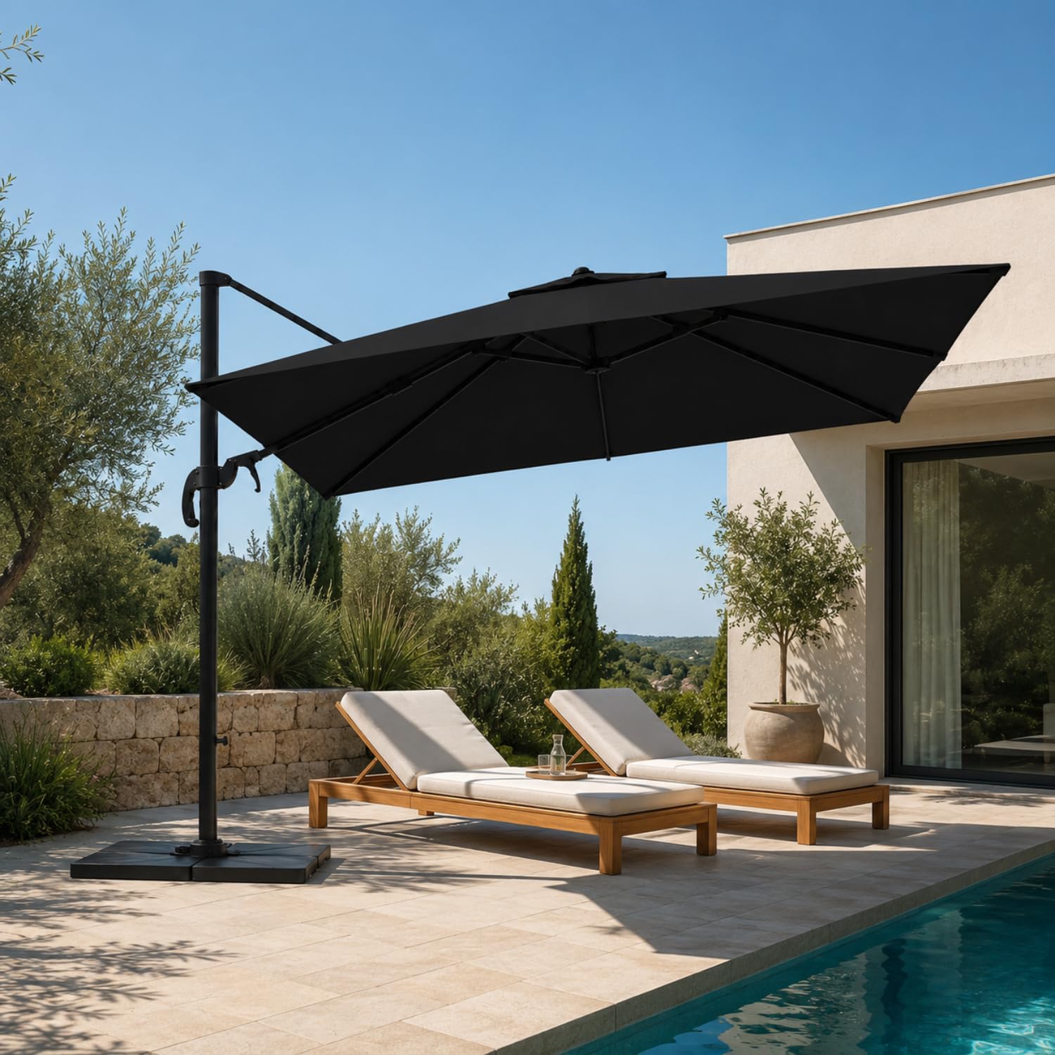 Ombrellone Decentrato Da Giardino Con Braccio Richiudibile Per Esterno Bordo Piscina Patio Dehors Hotel Struttura In Acciaio Rotazione 360° Copertura Idrorepellente Anti UV 3x4 M Nero