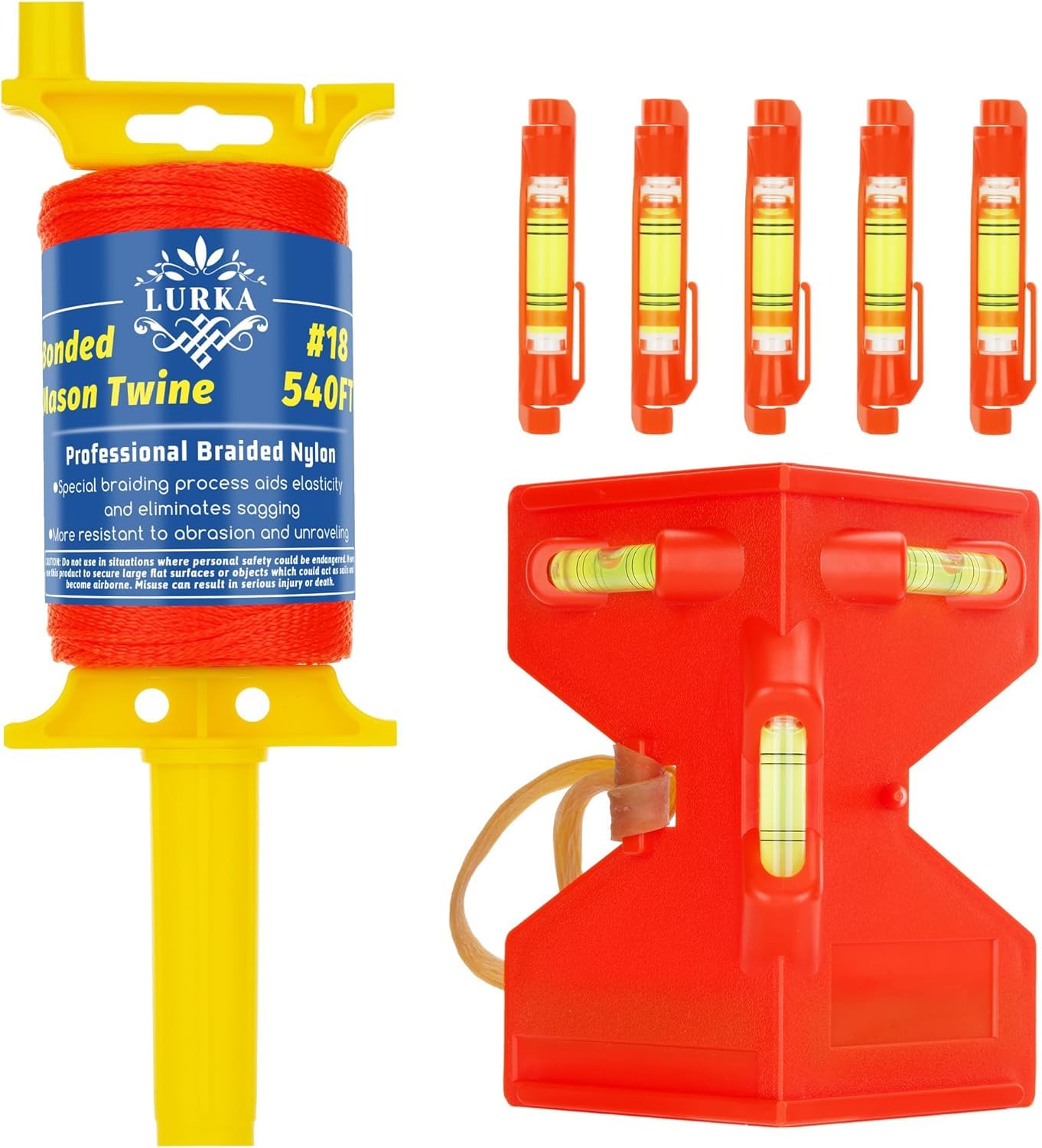 LURKA #18 Mason Line String with Post & Pipe Level & 5 Line Levels, 540 Feet Braided Nylon Twine, High-Visibility String Line for Construction,