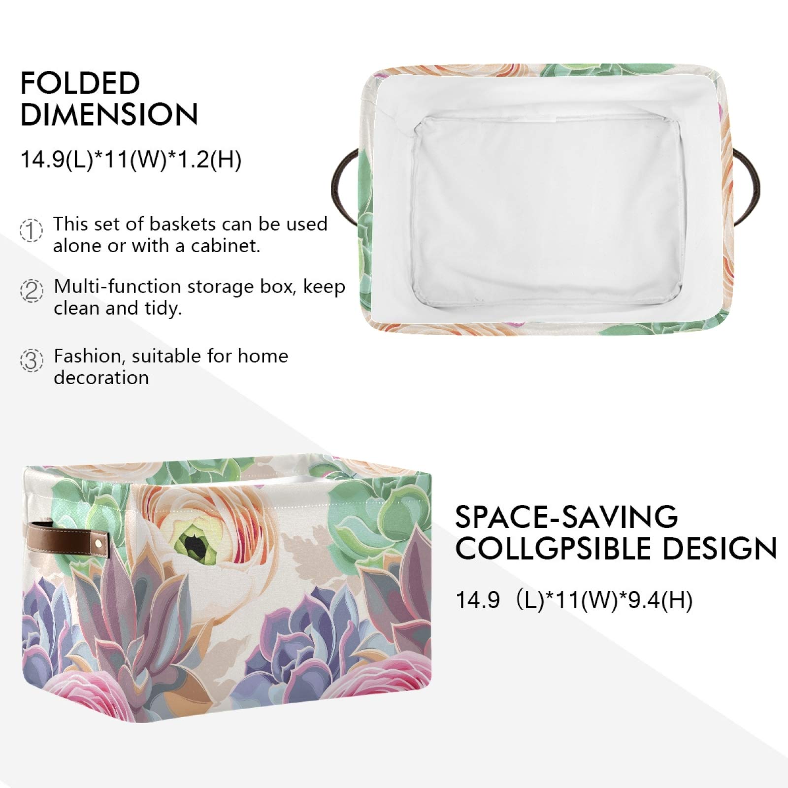 susiyo Large Foldable Storage Bin Succulent Flowers Cactus Fabric Storage Baskets Collapsible Decorative Baskets Organizing Basket Bin with PU Handles for Shelves Home Closet Bedroom Living Room-2Pack
