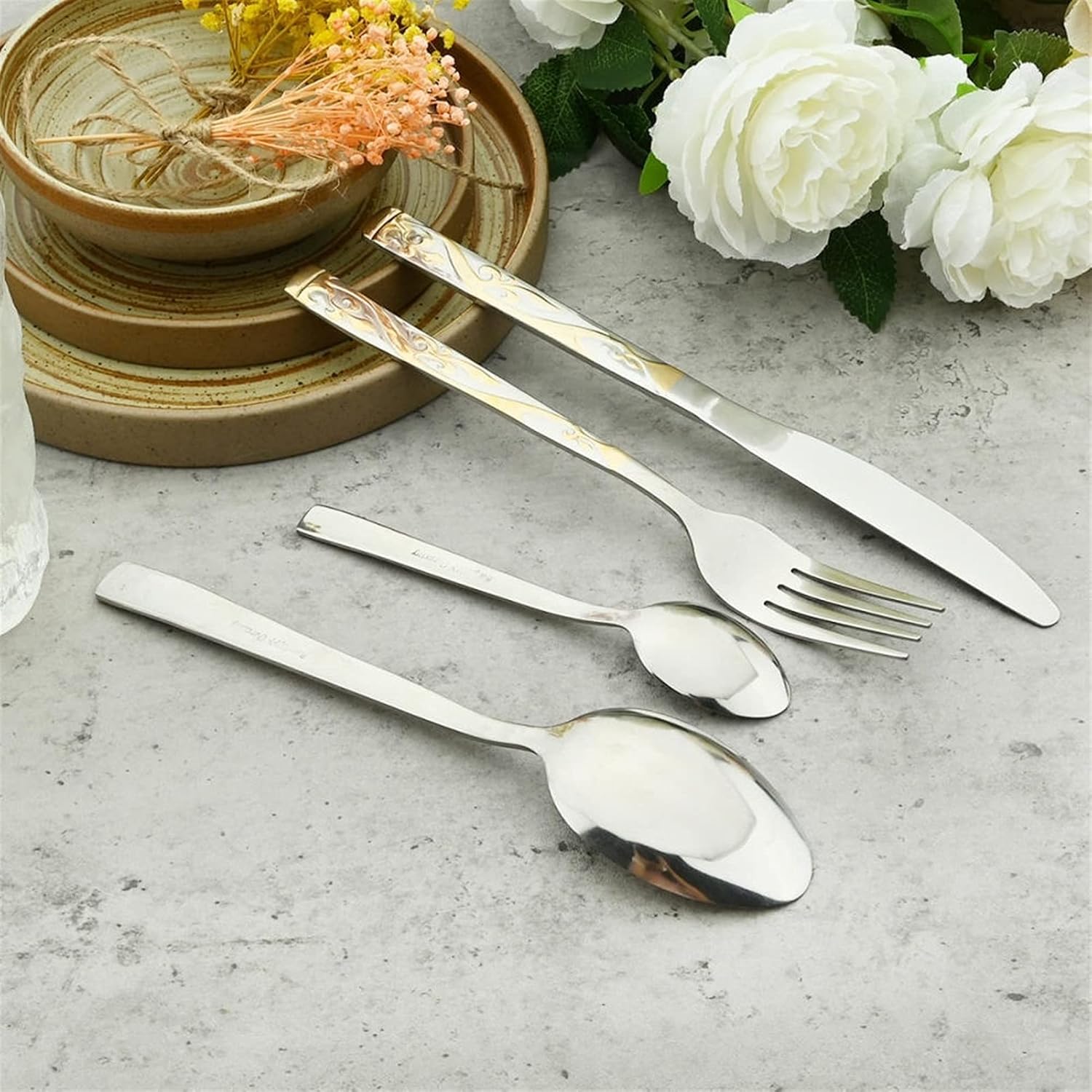 Flatware Sets Relief Pattern Dinnerware Flatware Set Stainless Steel Cutlery Set Knife Fork Coffee Spoon Tableware Party Kitchen SIL Stainless Steel,