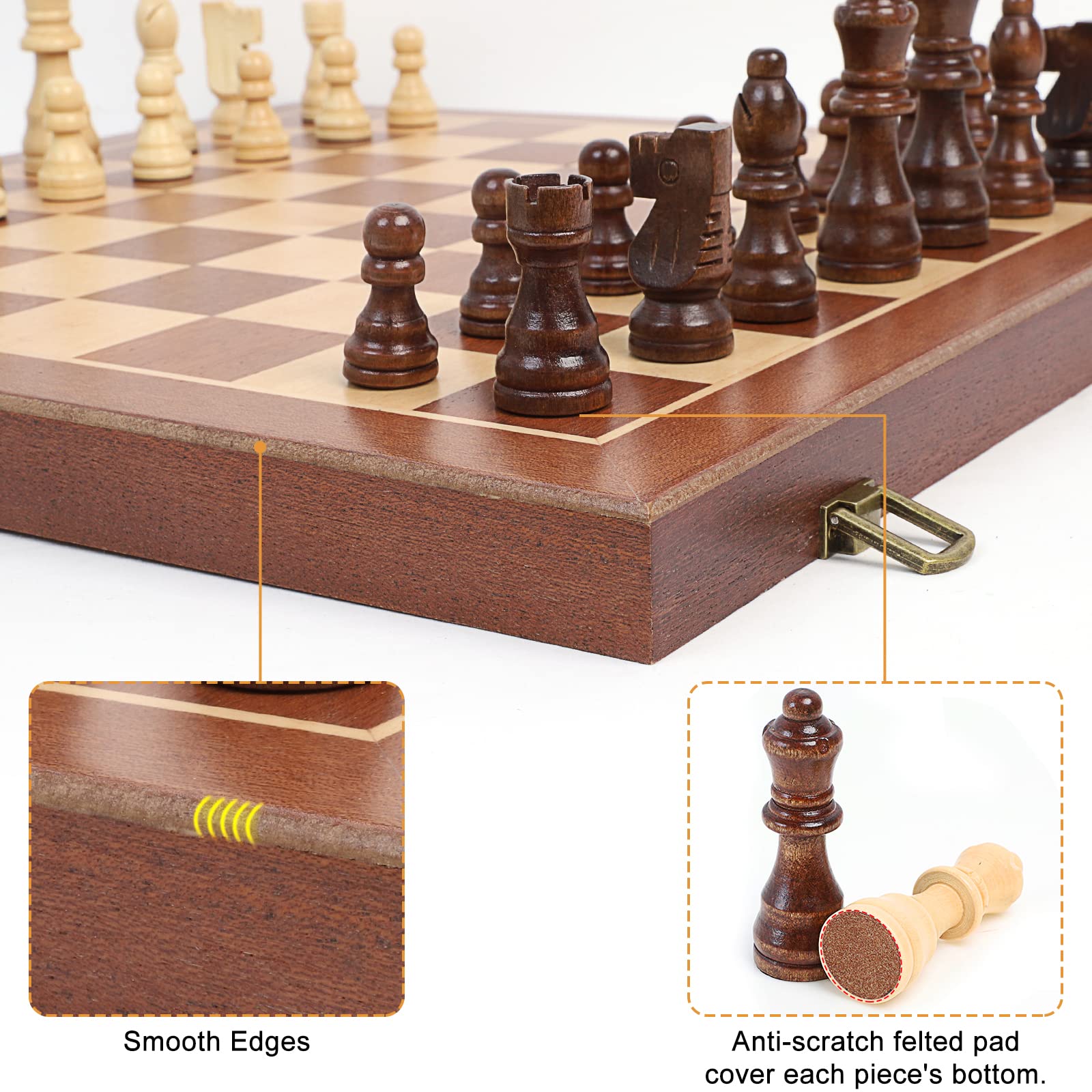 LEAP 15 inch Wooden Folding Chess / 3 inch King Height Chess Pieces, Portable Travel Chess Board Folding Board - Sapele & Maple Inlay - Image 4