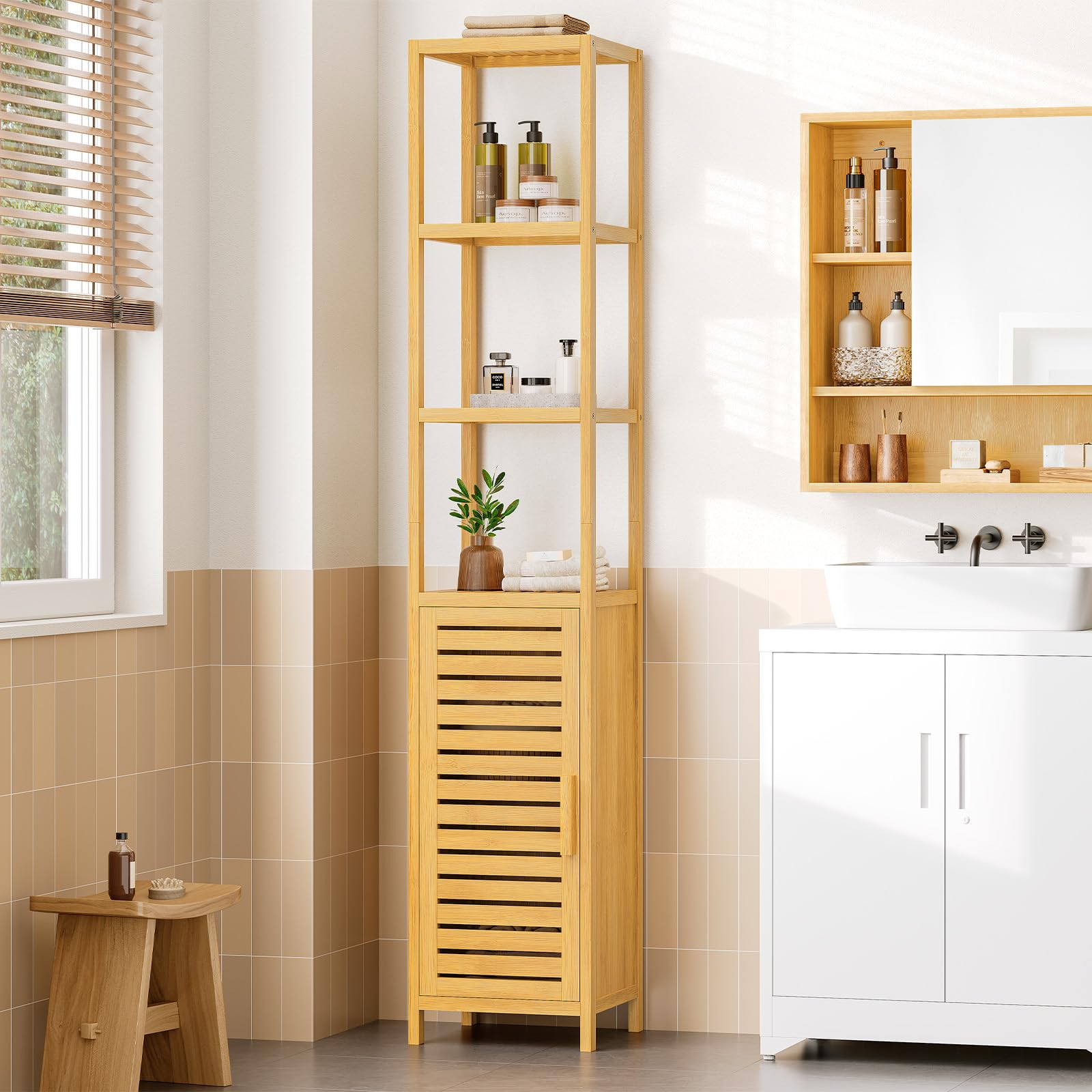 VIAGDO Hochschrank, Badezimmerschrank Bambus, Badschrank hoch mit 3 offene Fächern und Schrank, hoher Beistellschrank, Aufbewahrungsschrank, für Badezimmer, Flur, Küche, Wohnzimmer