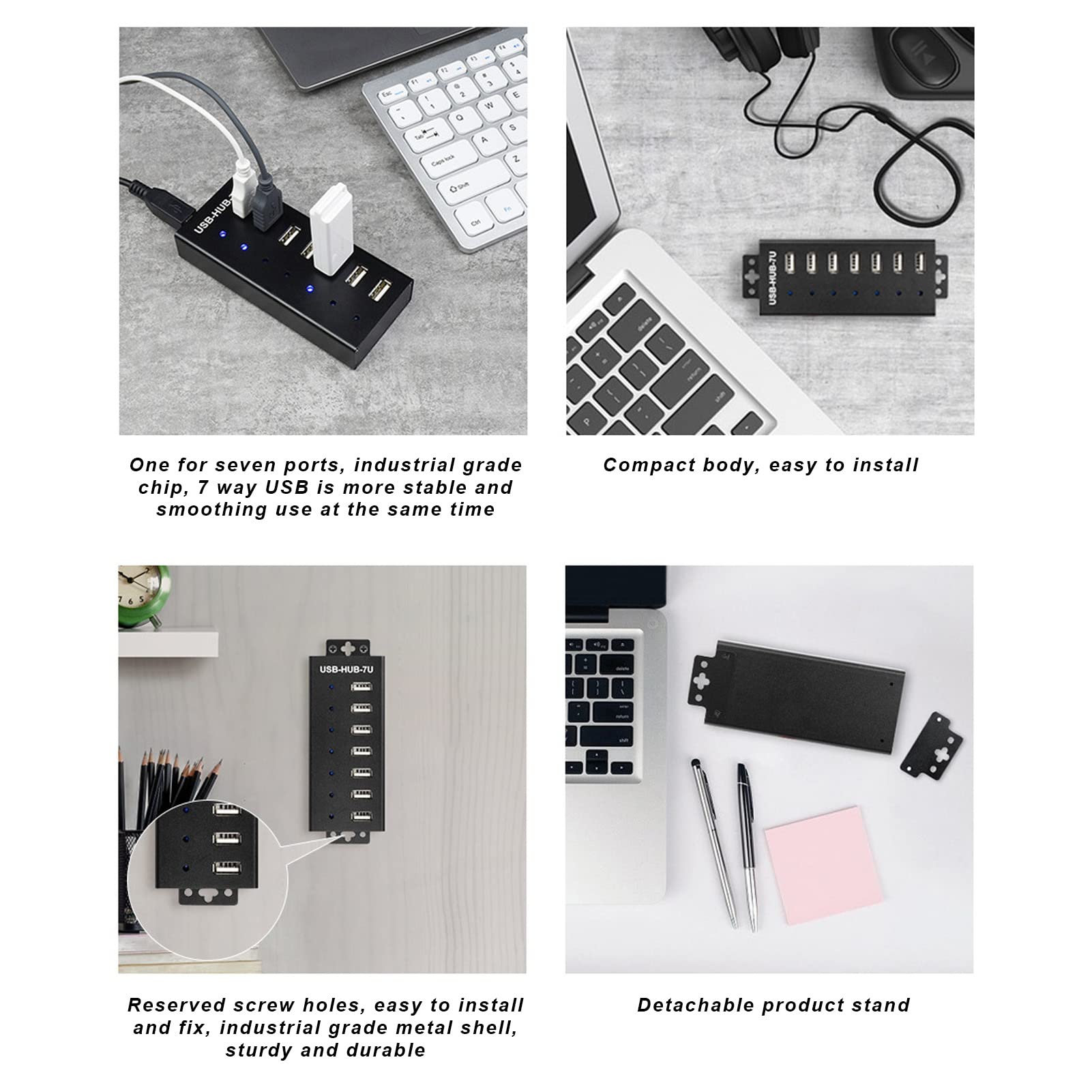 Concentrador USB 2.0 de 7 Puertos, Concentrador USB a Industrial de Metal con Protección ESD, Concentrador USB 2.0 Expandido de Alta Velocidad de 7 Puertos de Grado Industrial, Riel DIN, Montaje(EU)