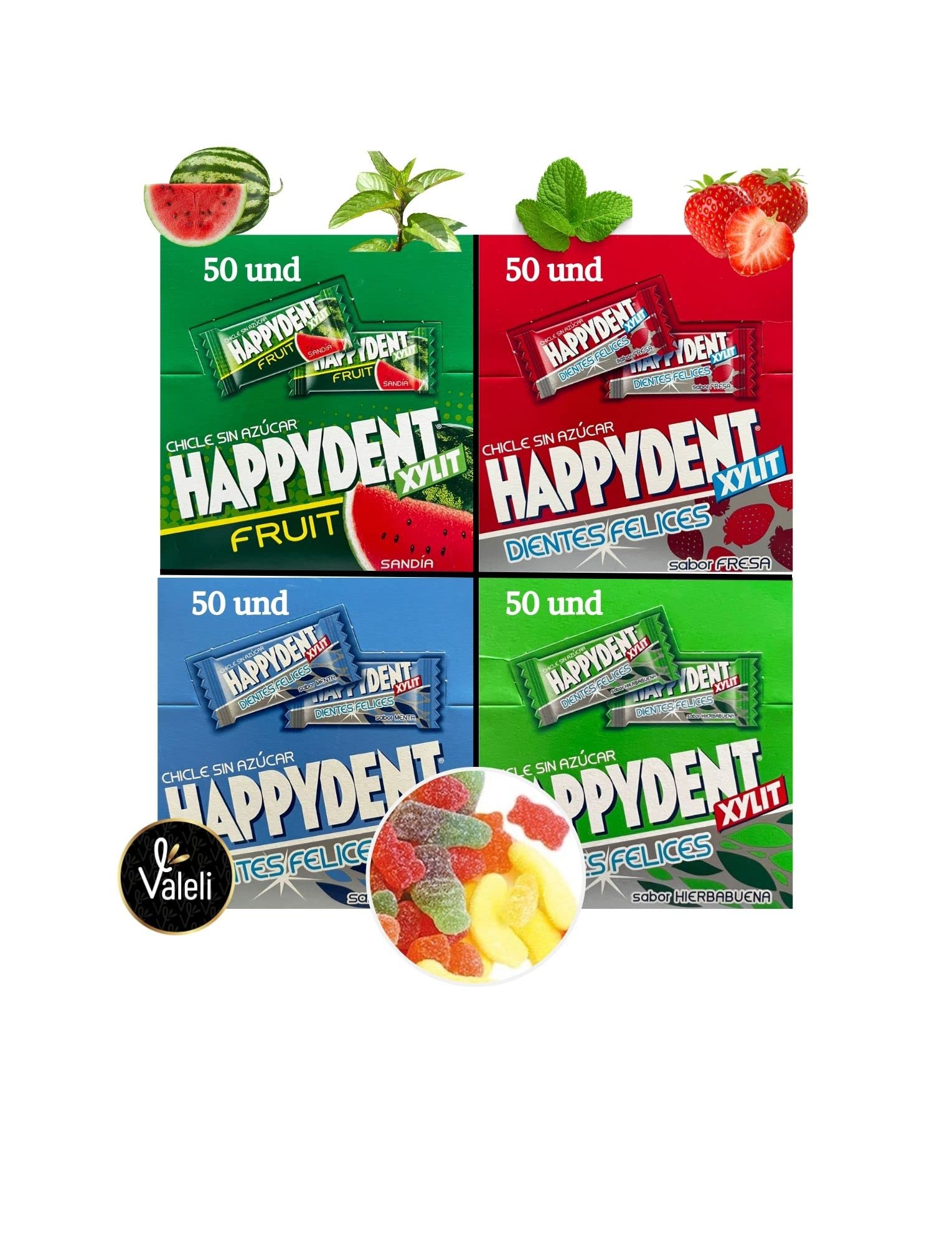 Happydent Chicles sin Azúcar 200 und Bolsa Chuches 80gr Sabores surtidos menta hierbabuena sandía fresa