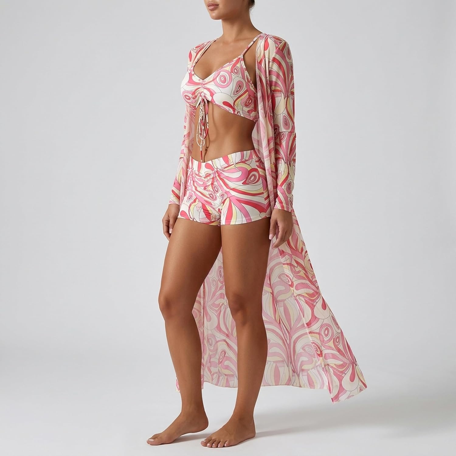 Fashionable Long Sleeve High Waisted 3 Piece Swimsuit Set with Adjustable Drawstring Cover Up for Women