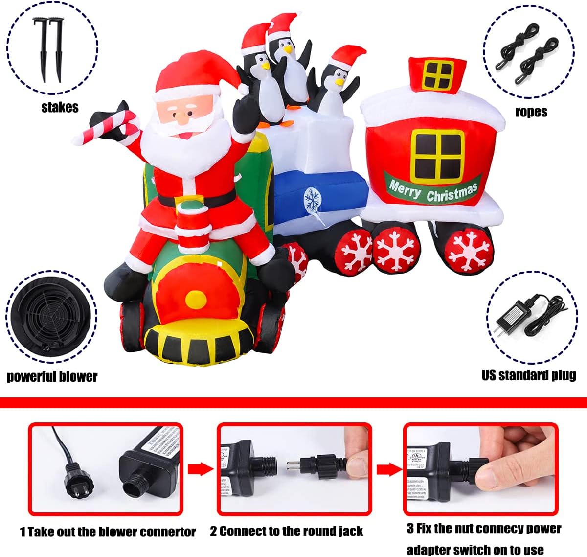 SEASONBLOW 8 Ft LED Lighted Inflatables Christmas Train with Santa Claus,Penguin Decorations Inflatable Yard Garden Lawn Indoors Outdoors Home