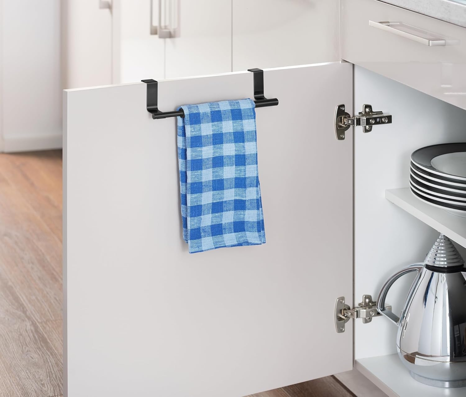 WENKO Telescopic Door Towel Rack, extendable Towel Holder for Kitchen and Bathroom for Hanging on Drawer & Cupboard Door, mounting Without Drilling, Stainless Steel, 22-35 x 6 x 7 cm, Black