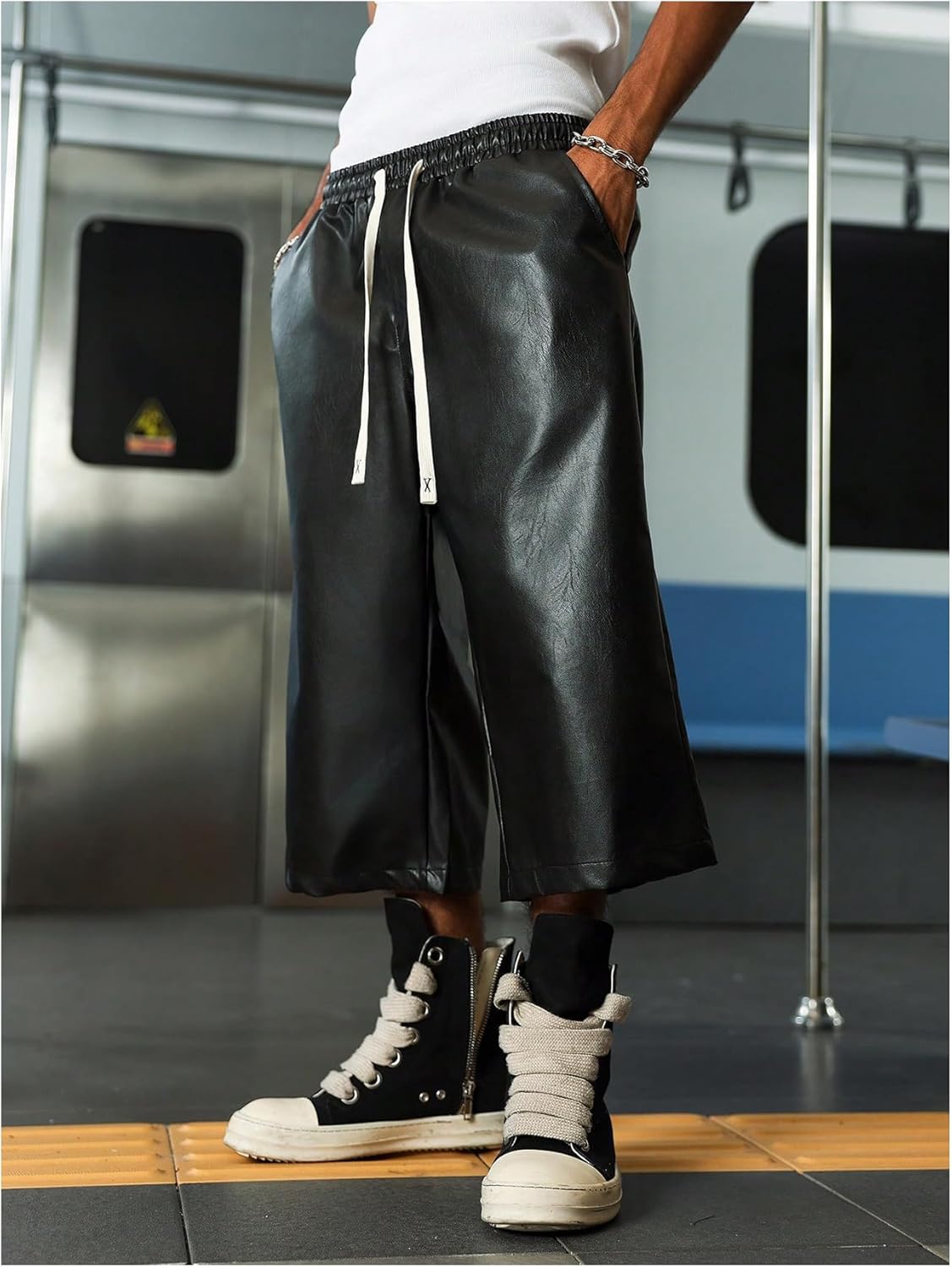 Verdusa Men's PU Leather Shorts Hip Hop Capris Wide Leg Bermuda Shorts with Pockets - Image 5