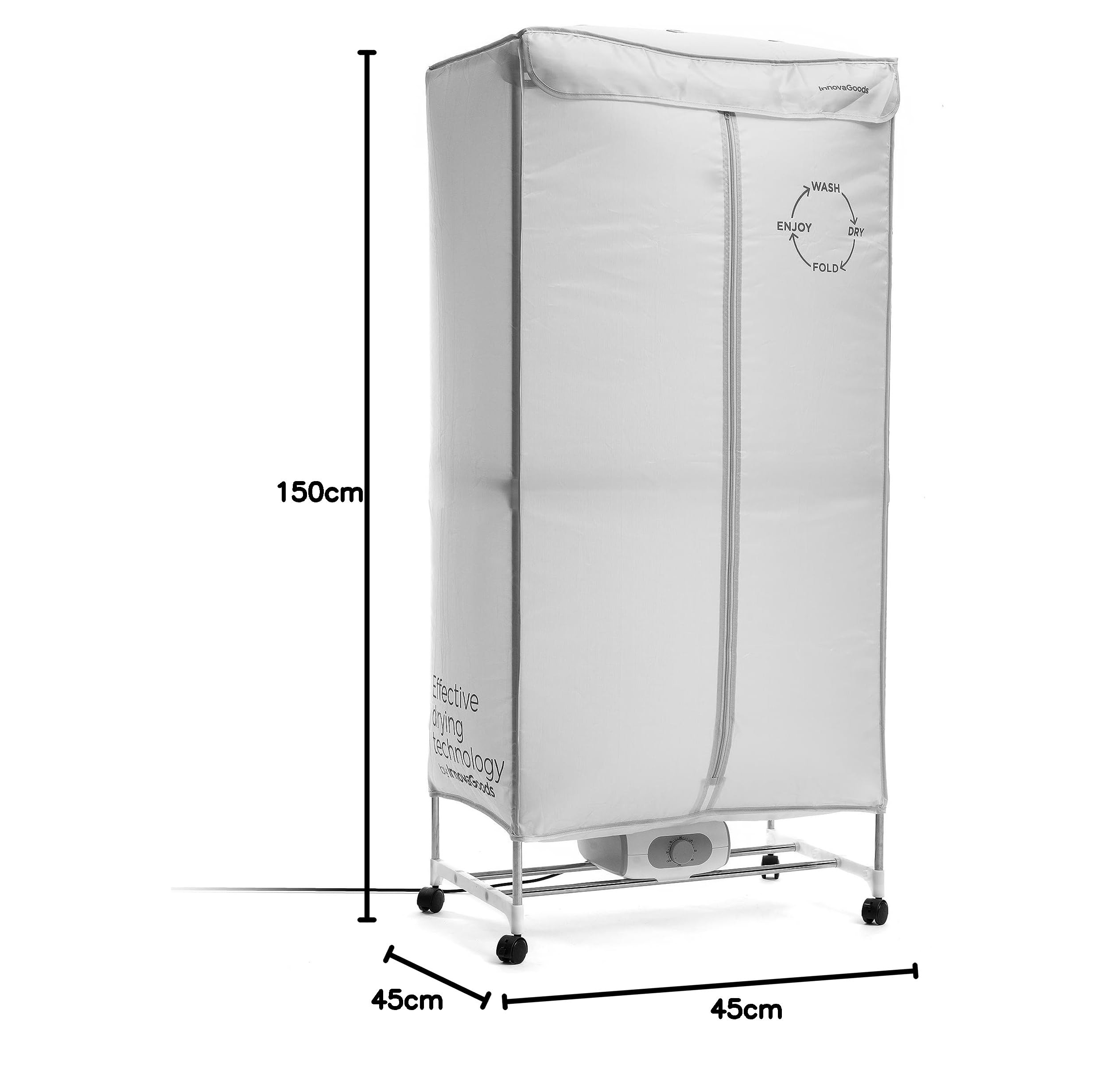 InnovaGoods® Secadora de ropa portátil, Capacidad 15Kg, Temporizador 30-180 min, Temperatura máx. 70ºC, esteriliza y elimina olores, tendedero Secadora 4 ruedas para facilitar su movilidad. Gris