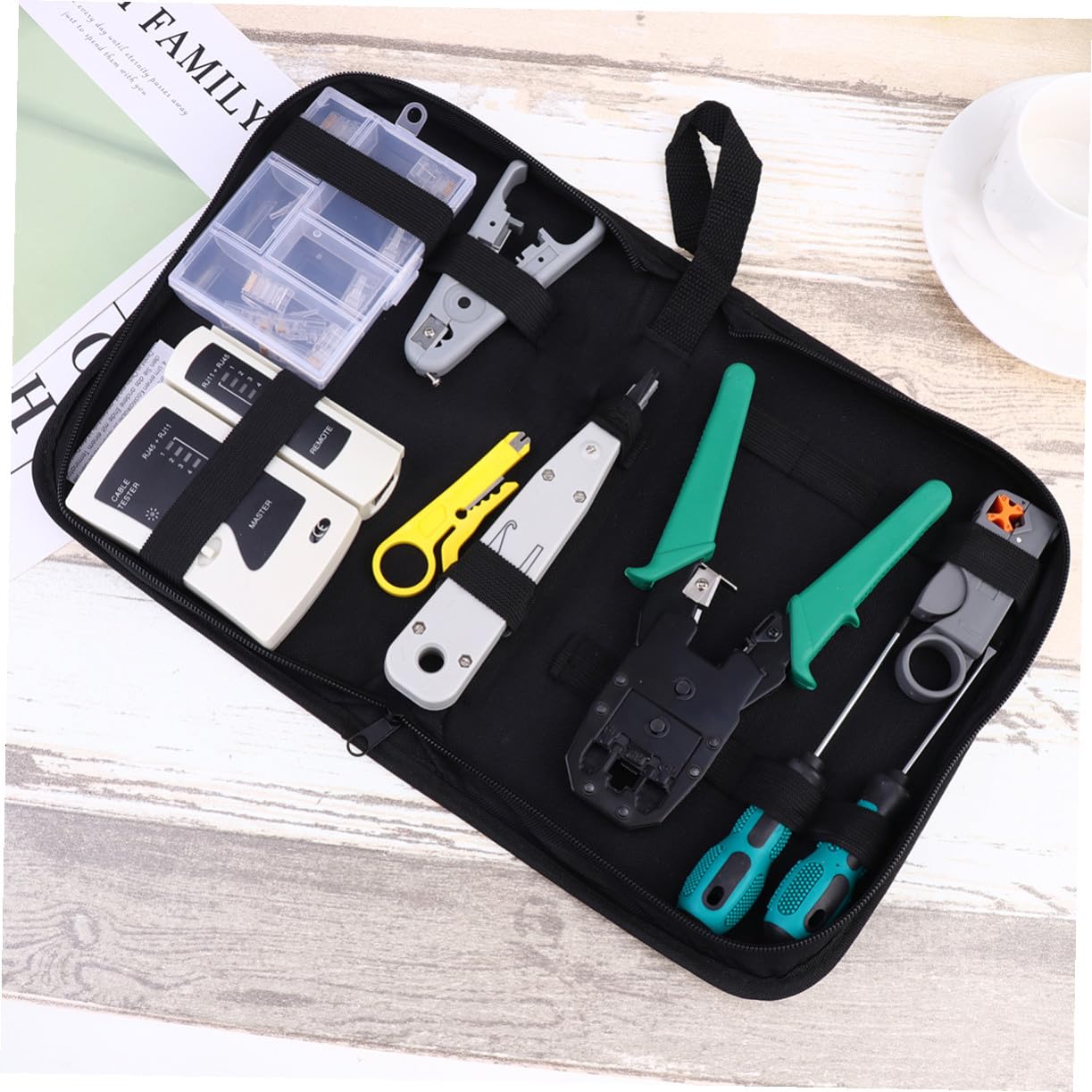 Kit D'outils D'installation Réseau en Pp et Métal 12-en-1 Portable Noir Paquet de Rangement pour Améliorer L'efficacité du Travail