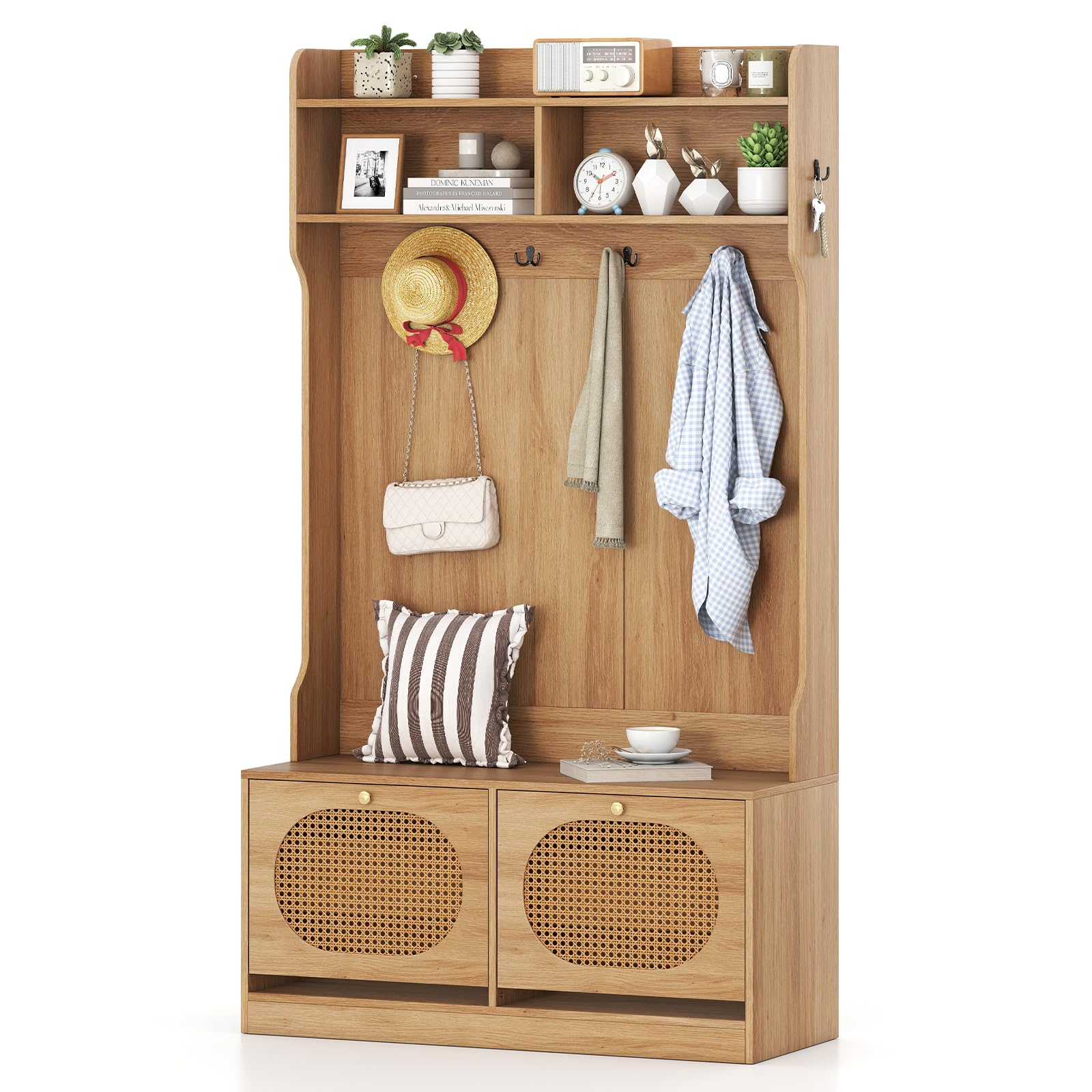 COSTWAY Perchero Zapatero 4 en 1, Muebles de Entrada Recibidor con 2 Cajones Abatibles, Ganchos Duales, Estantes, 101,5 x 40 x 180 cm, Entrada Salon Pasillo