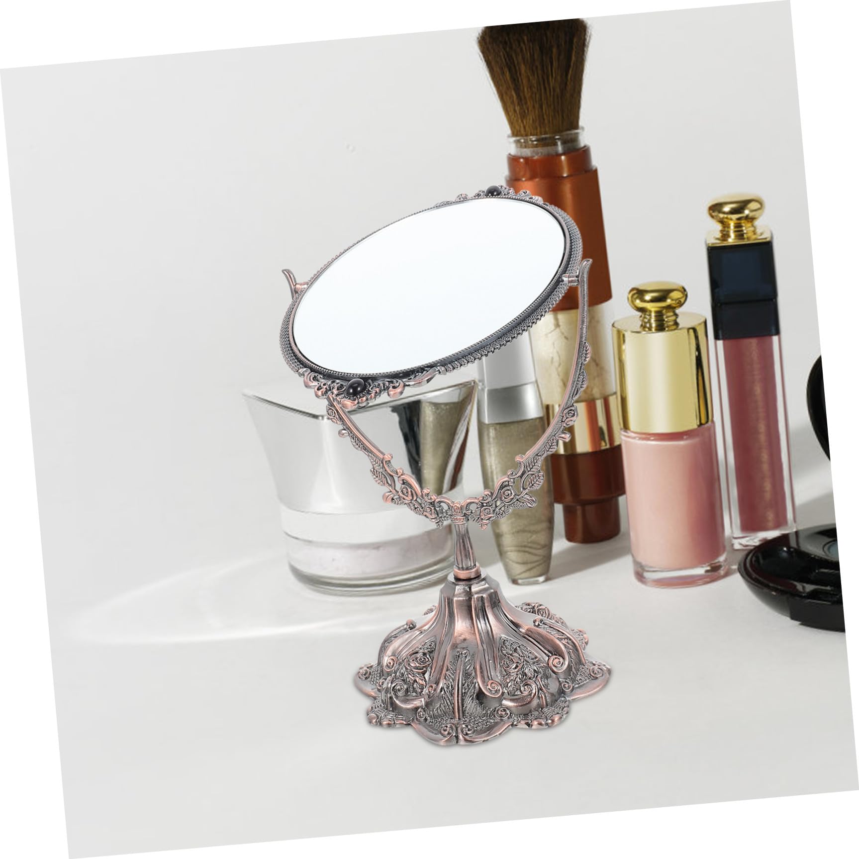 Doppelseitiger Schminkspiegel aus Zinklegierung im Europäischen Stil | Drehbar, Flacher Standfuß, Hohe Definition, Geeignet für Make Up und Hochzeit