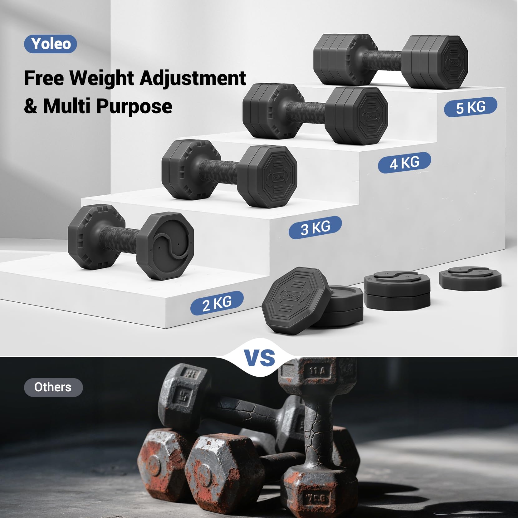 Yoleo Hantelset Verstellbare Hanteln, Adjustable Dumbbell Set 4 in 1 Premium Drehbare Befestigungsart gewichte Tai-Chi-Stil 2/4/6/8/10/20/KG Kombinieren Sie es mit einem weichen TPU-Gummigriff