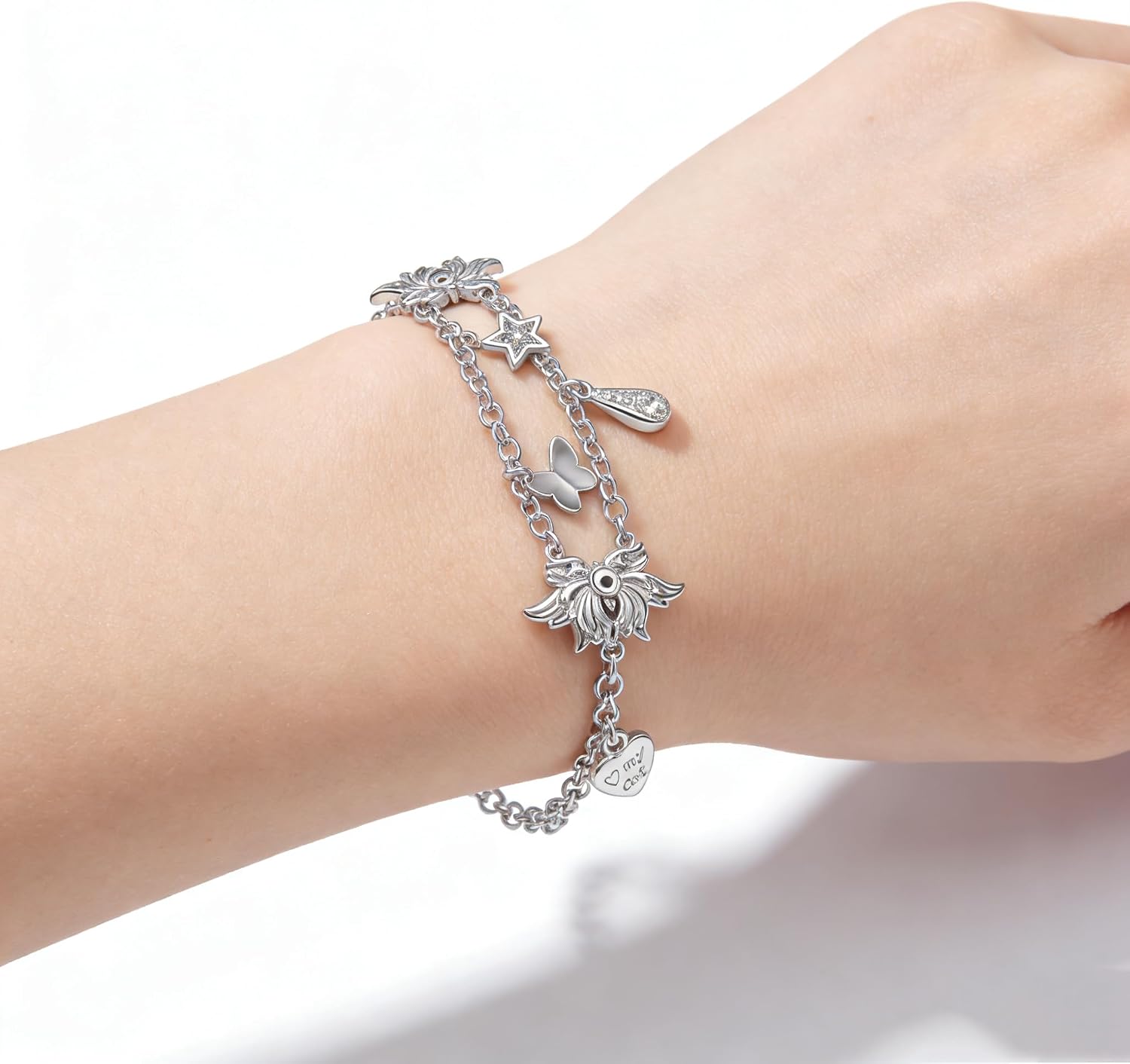 Charm Bracelet for Women Double Layered Silver - Adjustable Dainty Layered Bracelets with 13 Charms, Silver Jewelry Gift for Women