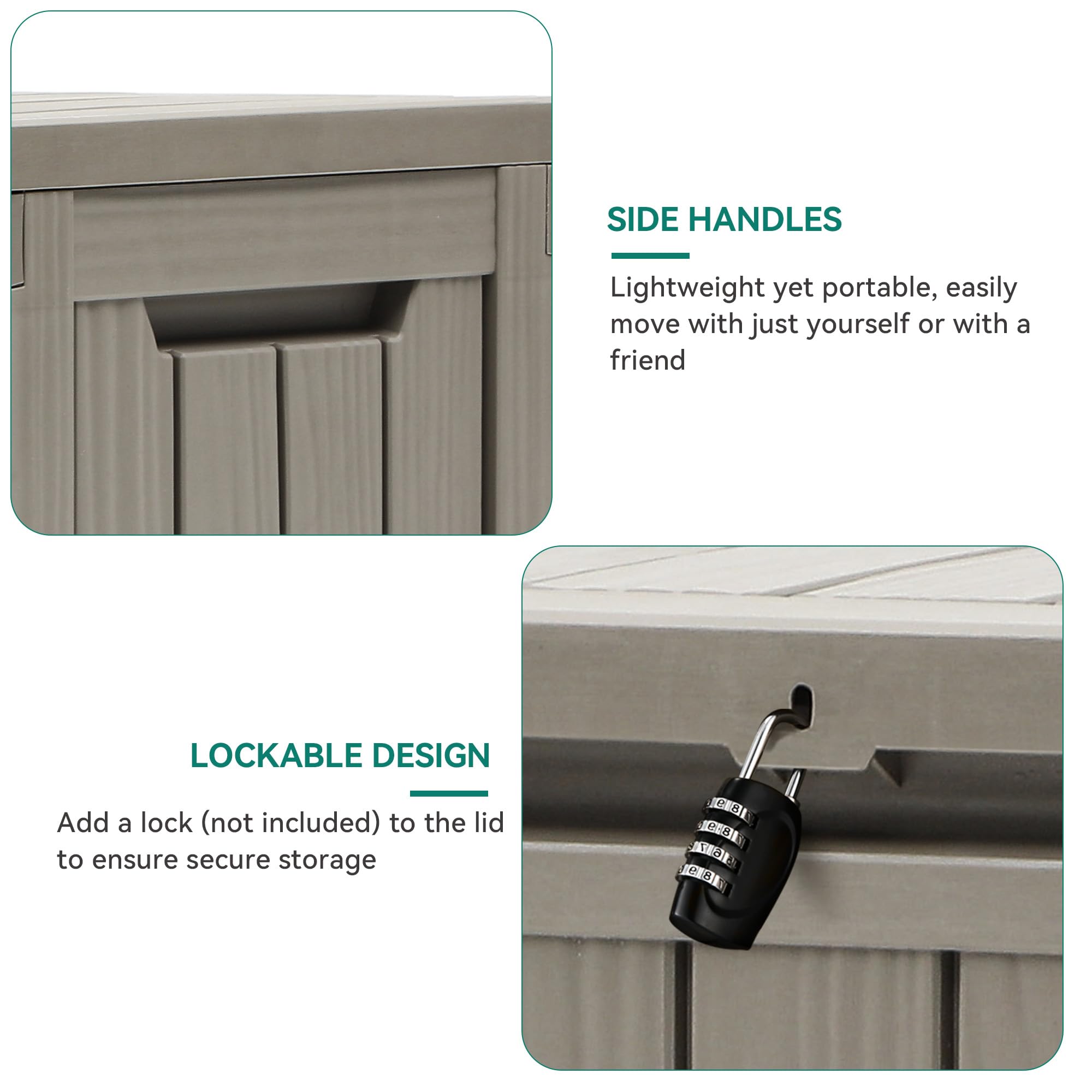 Close-up view of the side handle and lockable design of the YITAHOME 72 Gallon Outdoor Storage Box.