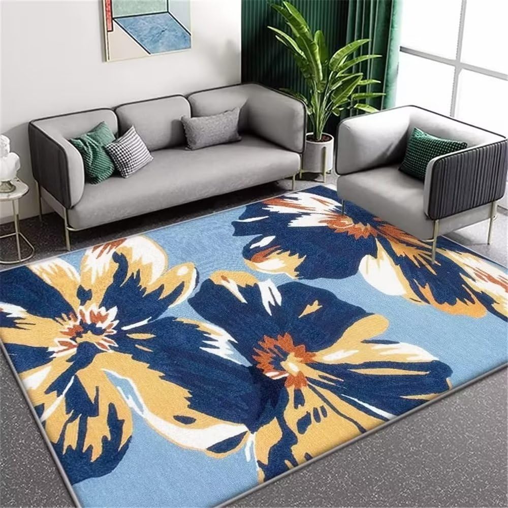 Tapis chambre à coucher aux grandes fleurs jaunes abstraites