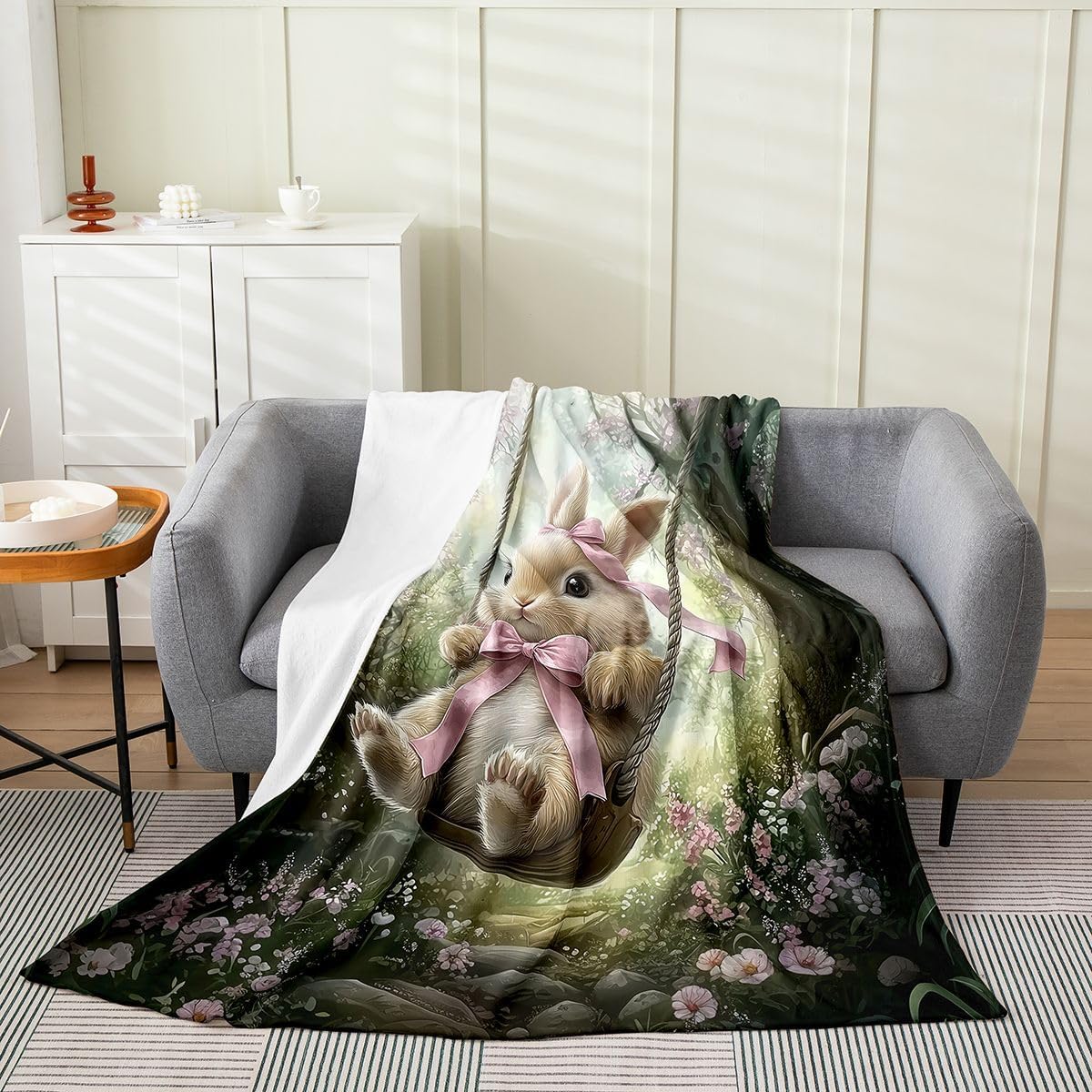 Castle Fairy Cute Rabbit Bed Throws,Spring Botanical Natural Flowers Throw Blanket for Kids Boys Gift,Pink Bowknot Easter Lightweight Blanket for Sofa,Baby Size (30 x 40 Inch)