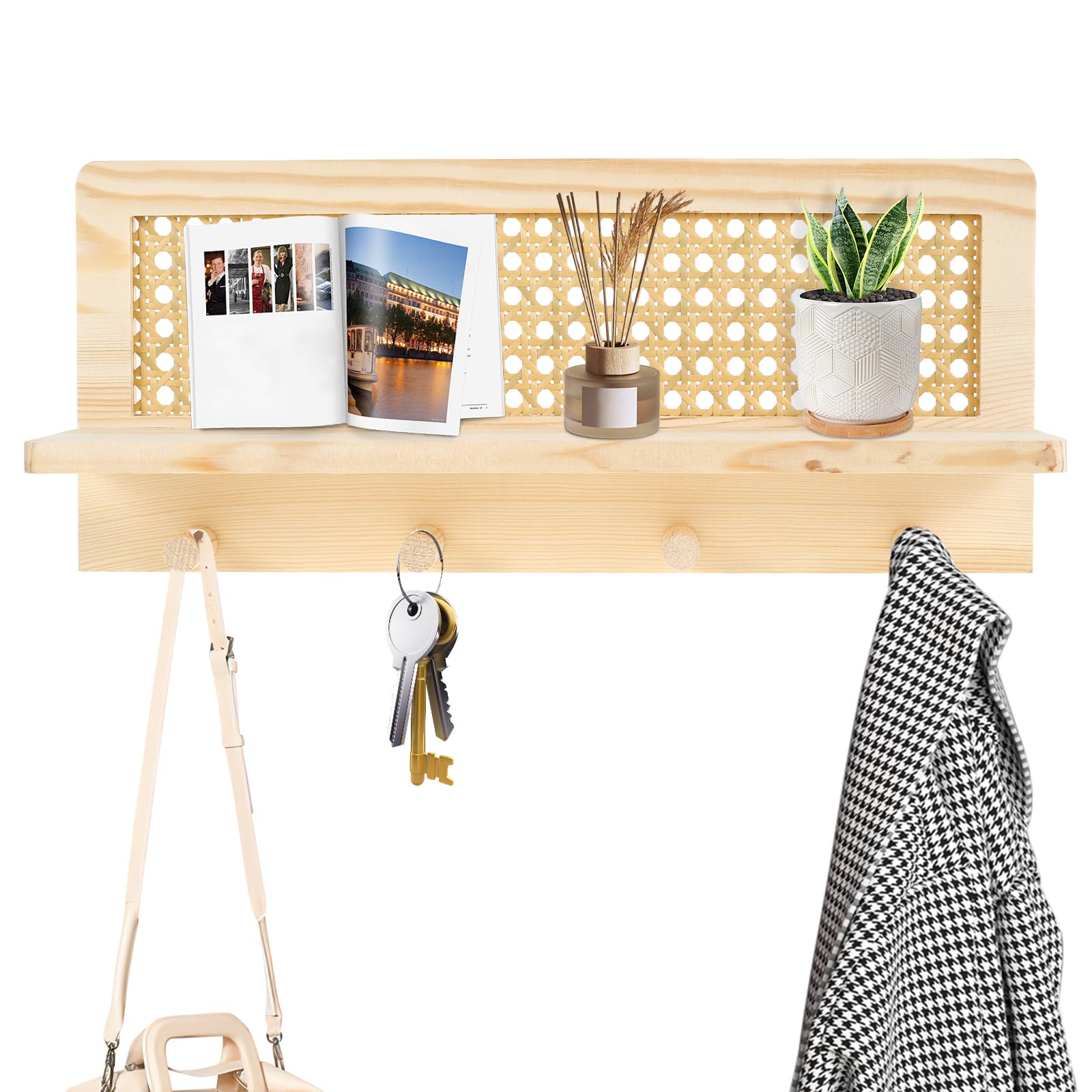 Rattan Floating Shelf with 4 Hooks, Decorative Wooden Wall Shelf Key Hanger, Wall Mount Picture Ledge Display Stand for Entryway Nursery Hallway Office Home