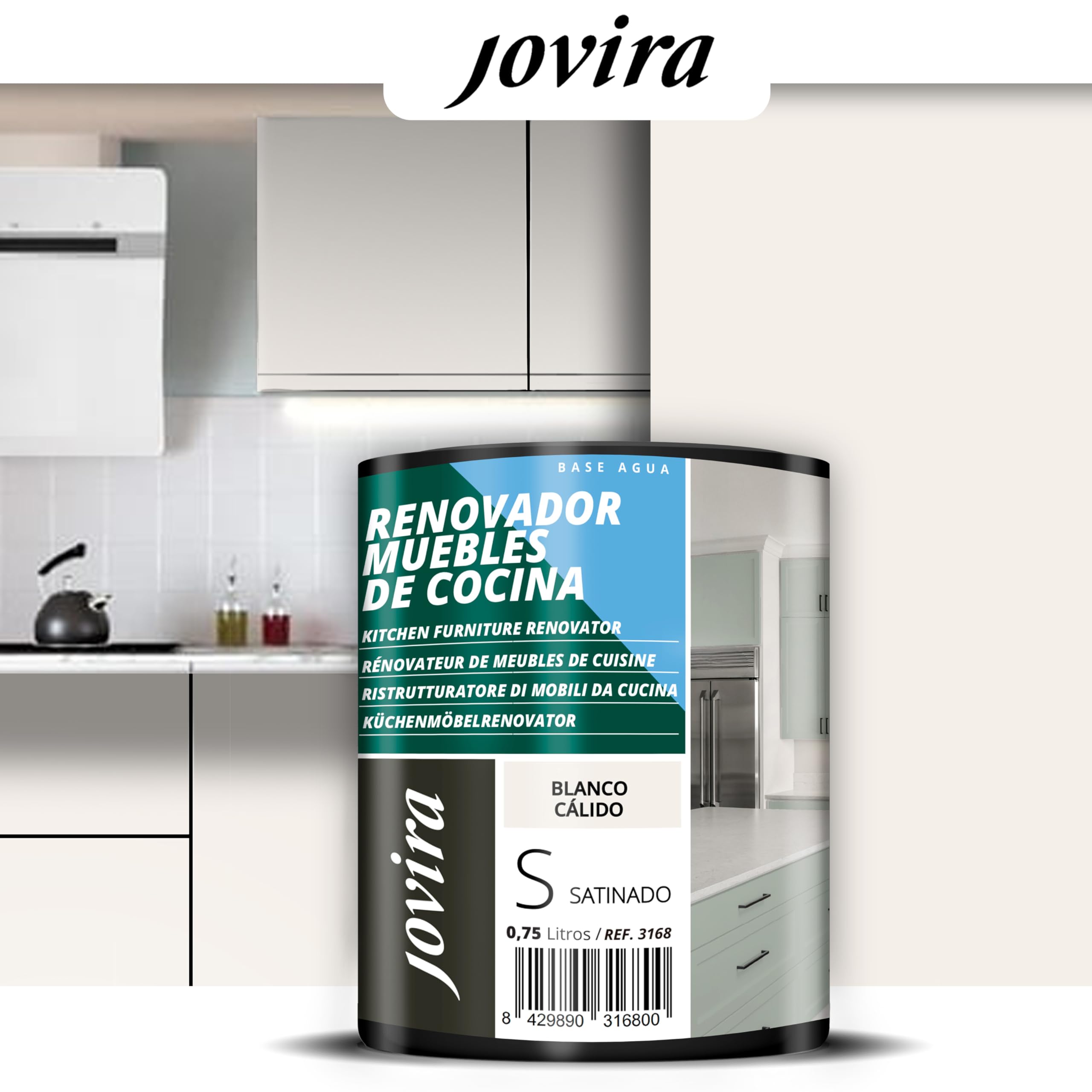 JOVIRA PINTURAS Pintura renovadora para Muebles de Cocina, acabado satinado al agua. Especial para renovar muebles de cocina, puertas, baños, etc. (750 ml, Blanco Cálido) T