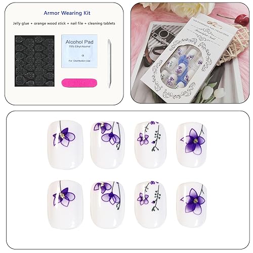 Miniatura 3 de Uñas postizas cuadradas a presión, uñas postizas cortas de acrílico blanco con diseños de flores moradas, uñas reutilizables con pegamento para